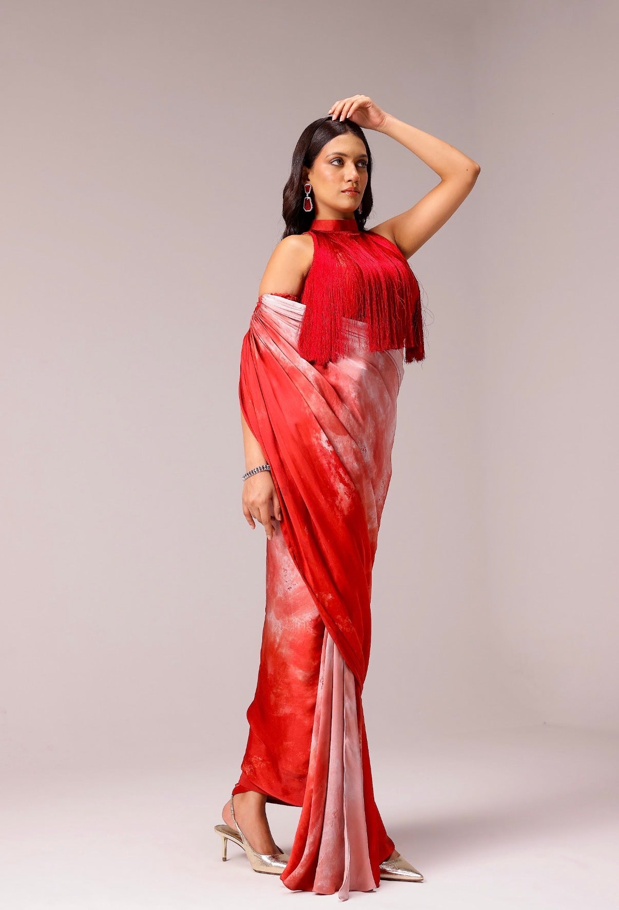 Rosette Draped Sari with Fringe Blouse