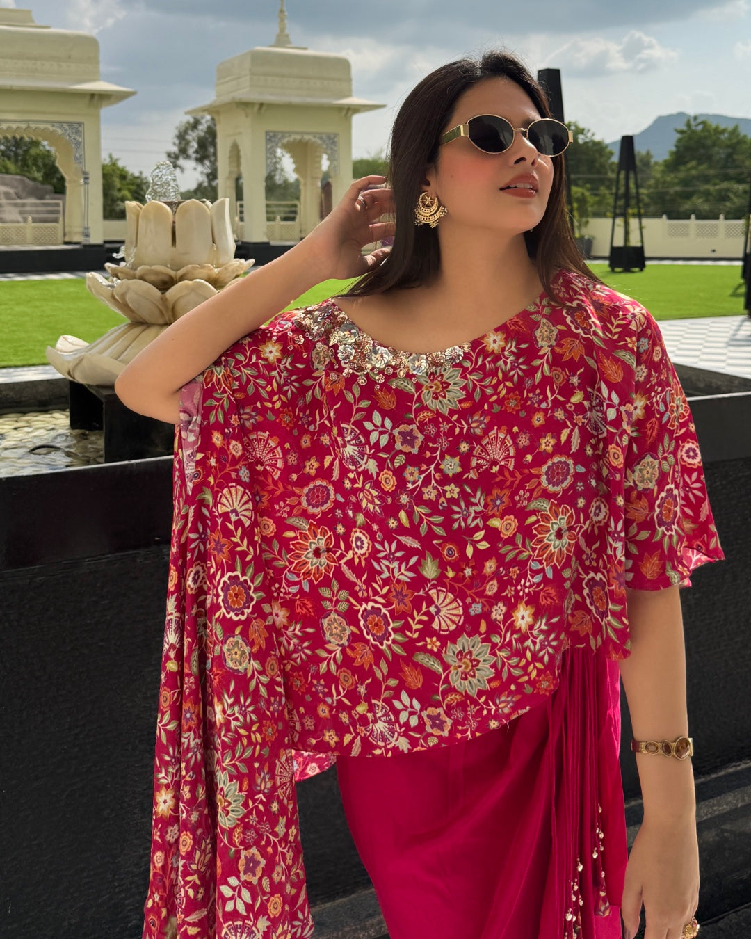 Gulabi Noor Pleated Skirt with Asymmetric Cape Set