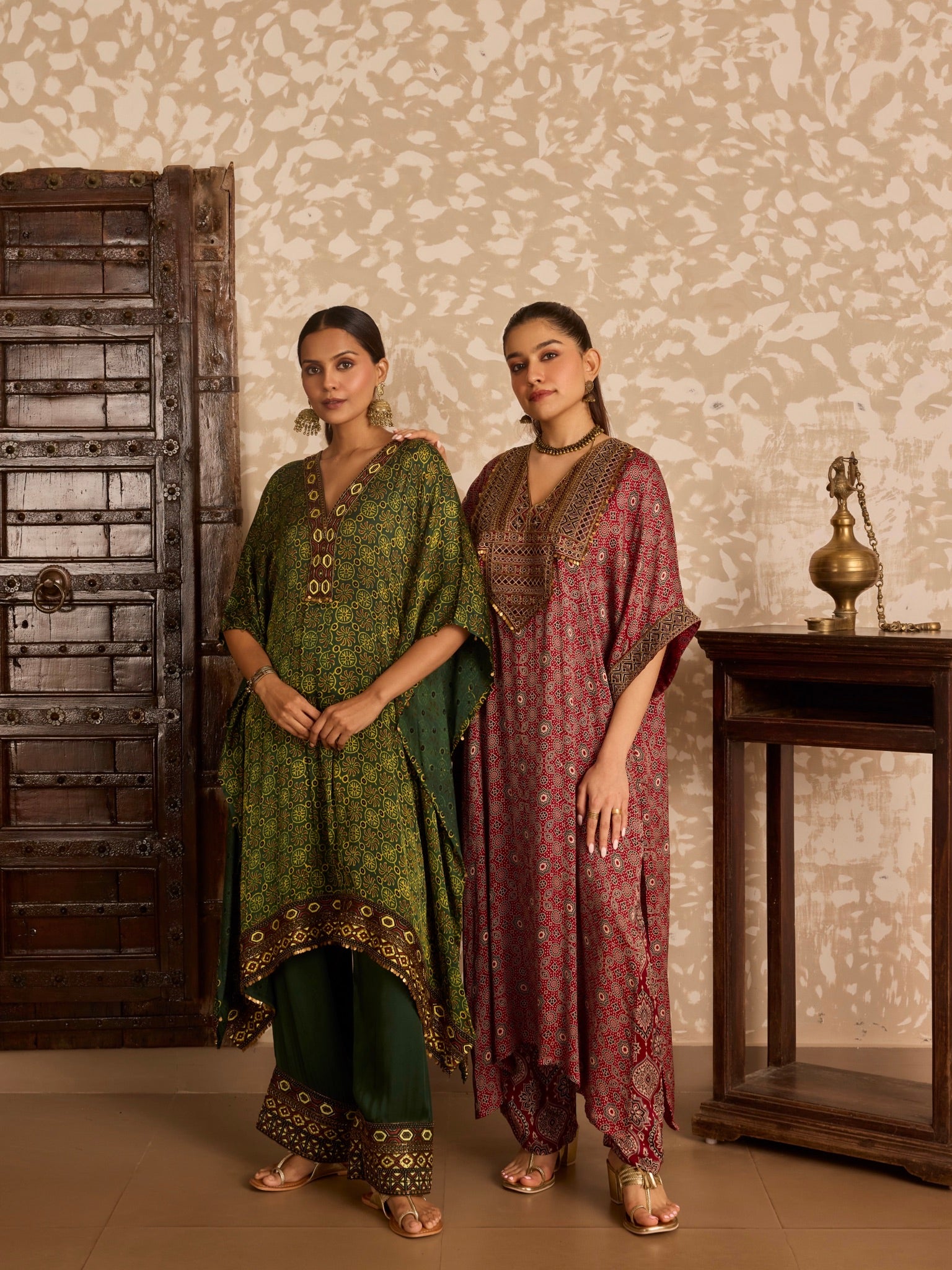 Ajrakh Red Long Kaftan Kurta set