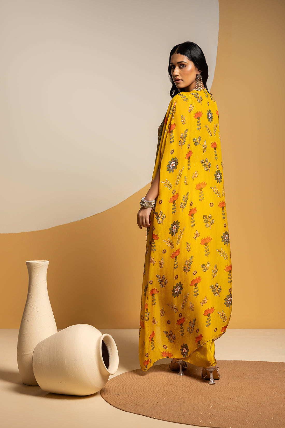 TAARANI YELLOW EMBELLISHED DRAPE SKIRT SET