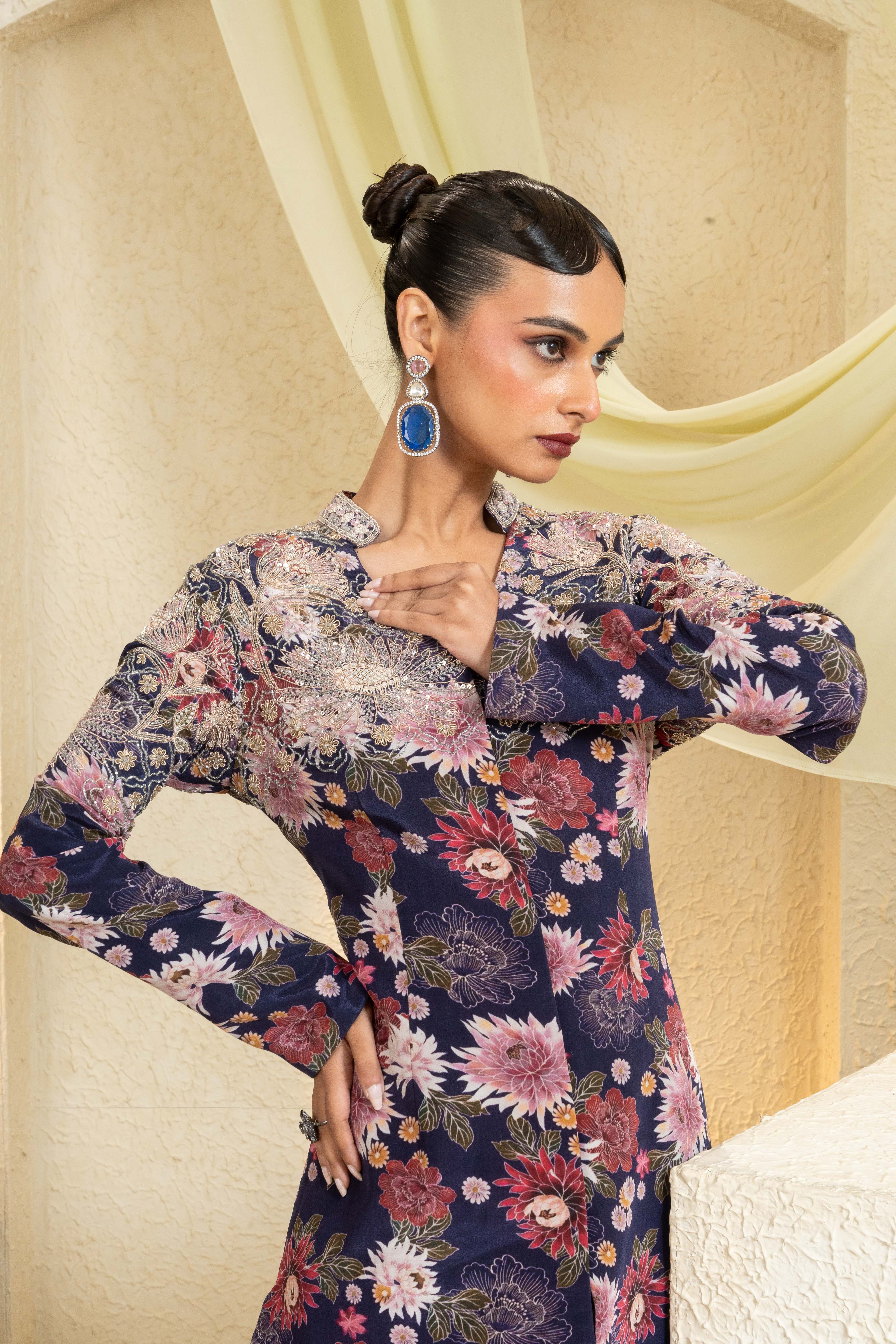 Twilight Bloom Hand-Embroidered Jacket Set