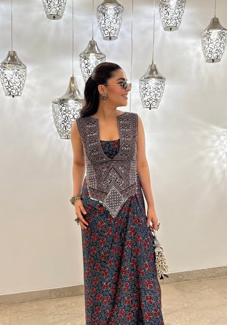 Ajrakh Tie Up Top with Drape Skirt Set