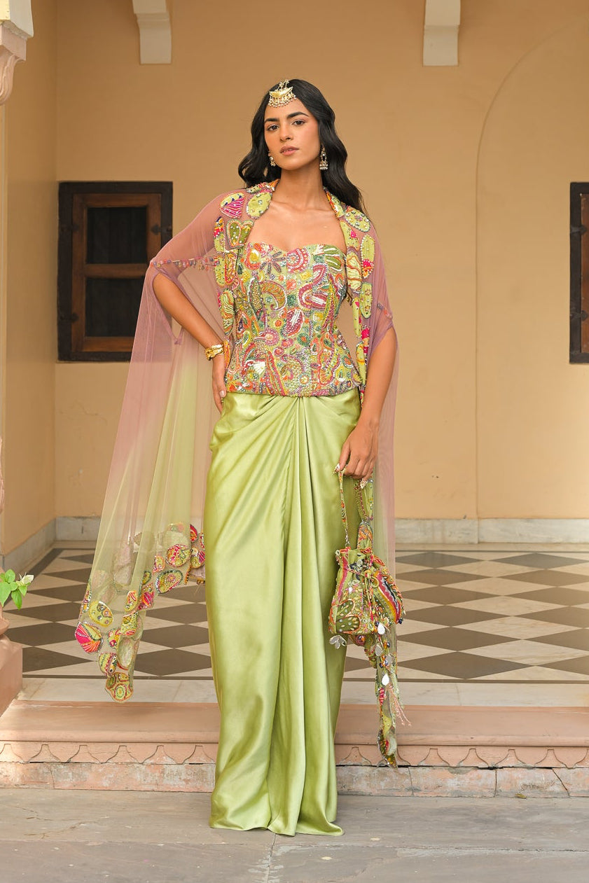 Olive Bloom Embroidered Corset with Throw Milano Skirt & Applique Cape