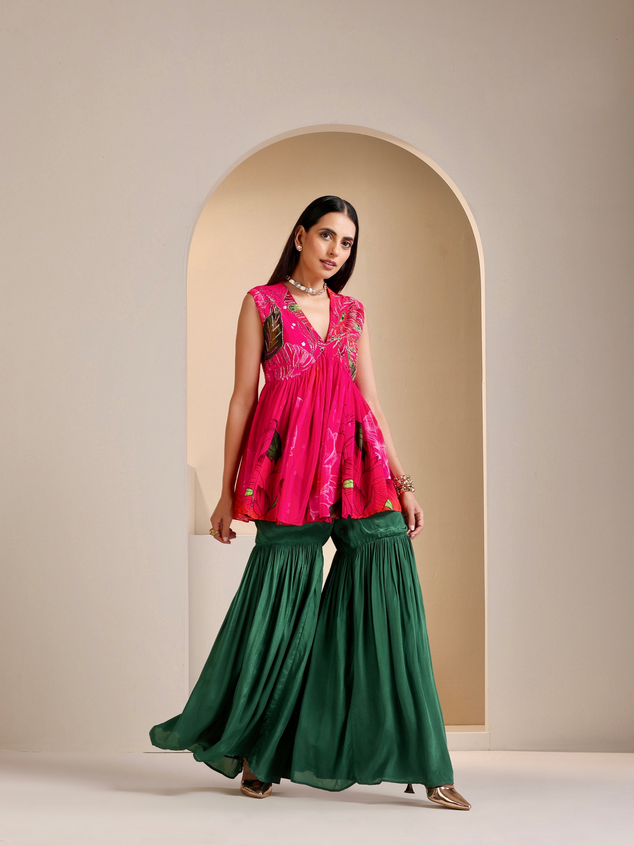 Aanchal Jain | Nargis Embroidered Peplum Top with Sharara Set