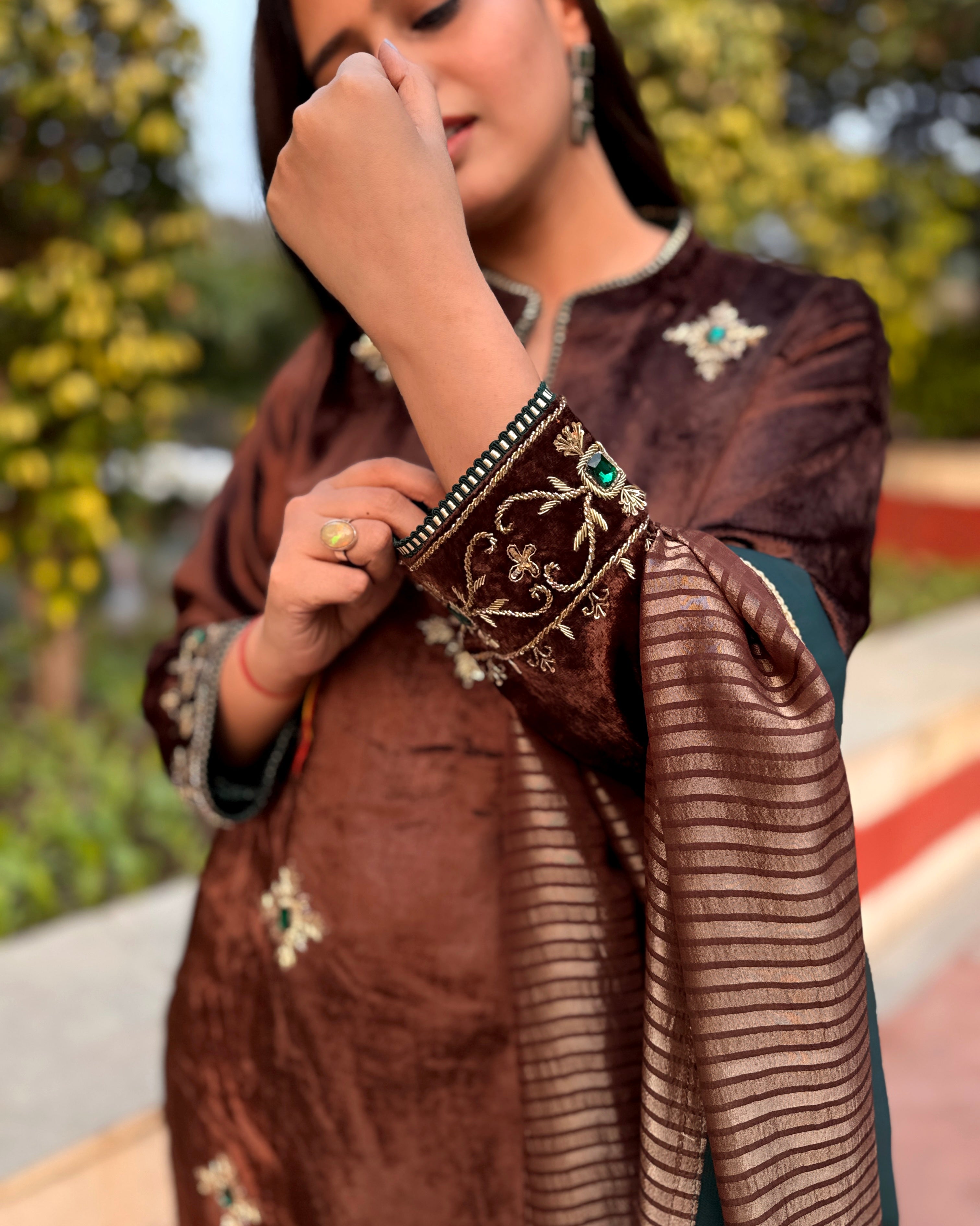 Mocha Hand Embroidered Velvet Straight Kurta Set