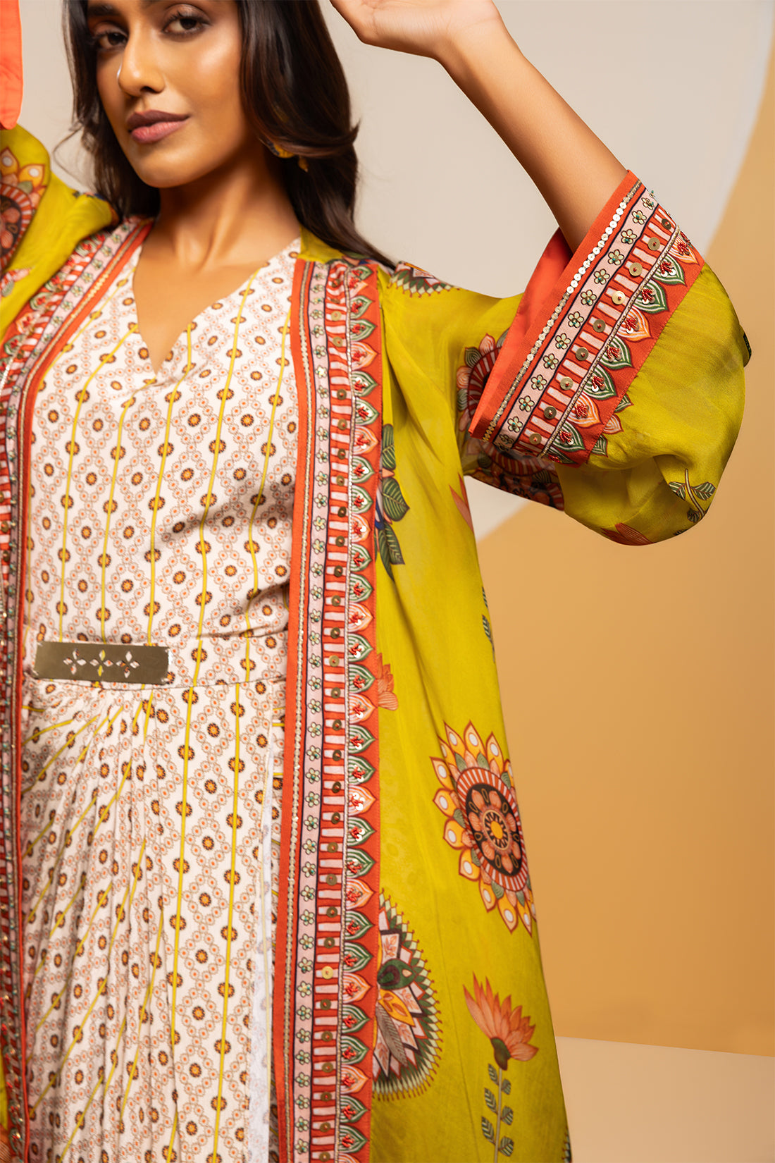 TAARANI YELLOW EMBELLISHED DRAPE DRESS SET