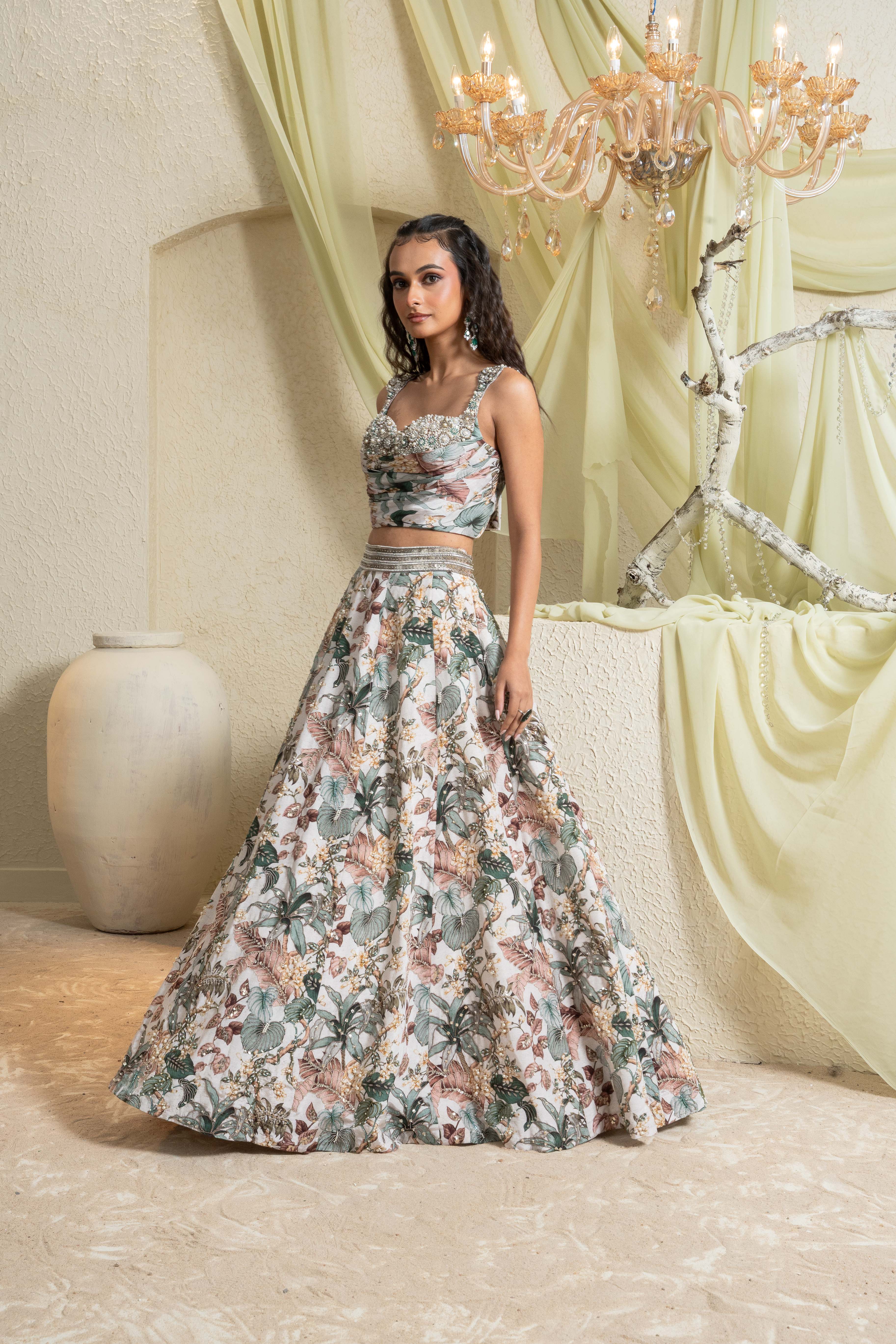 Muted Garden Intricate Hand Embroidered Lehenga Set