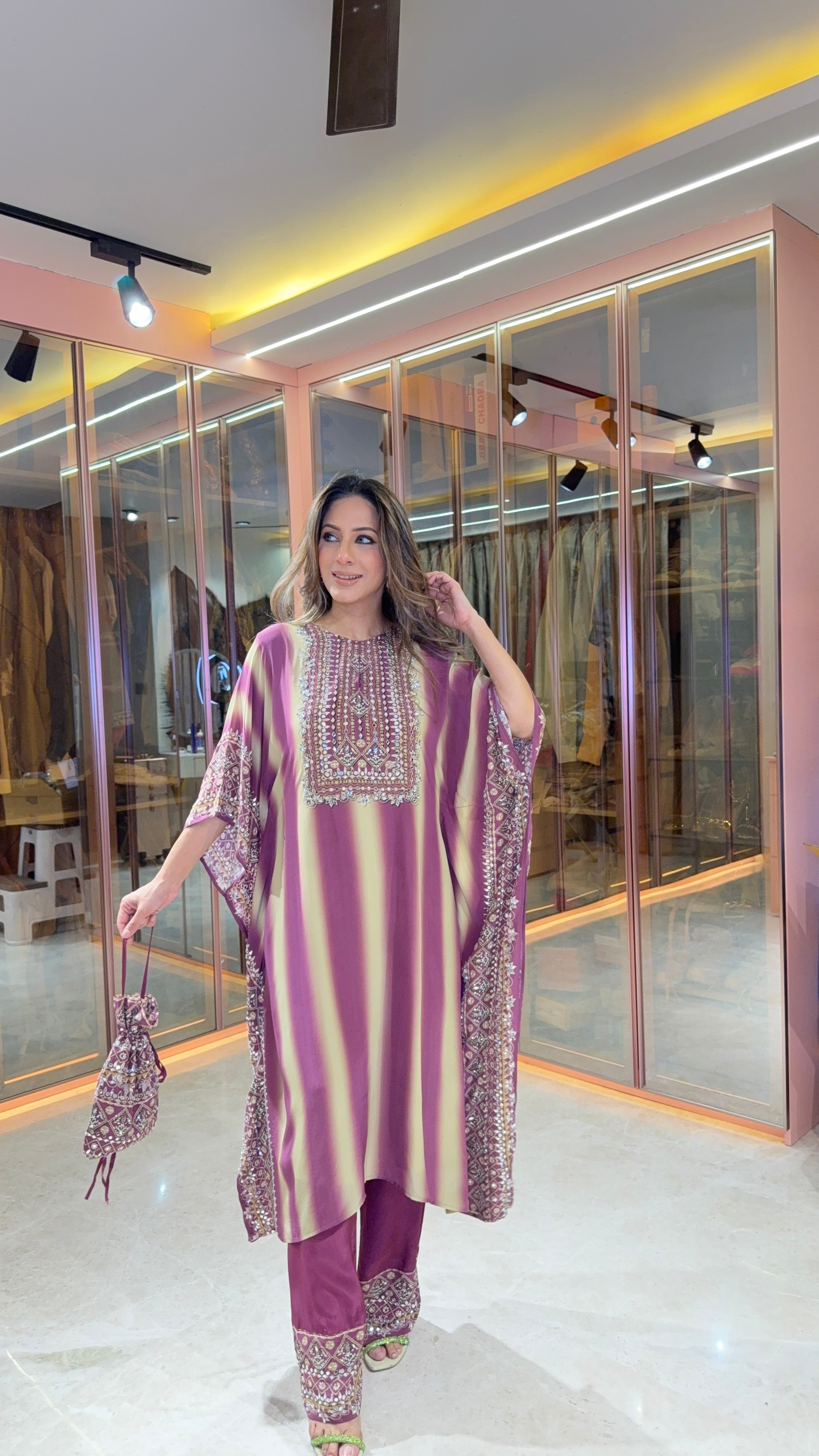 Aanchal Jain in Salma Sitara Black & Beige  Kaftan Set