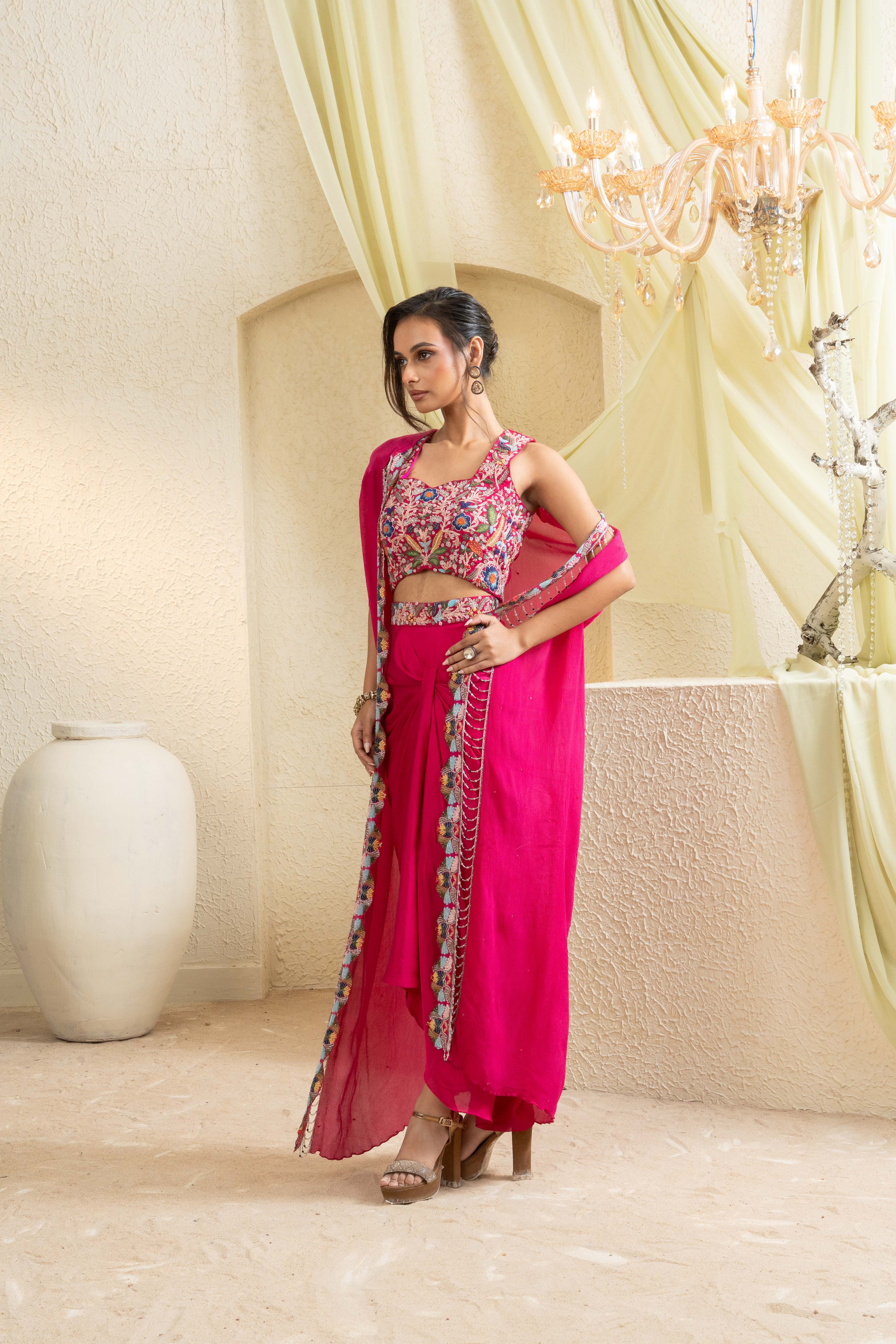 Fuchsia Bloom Embroidered Draped Skirt Set