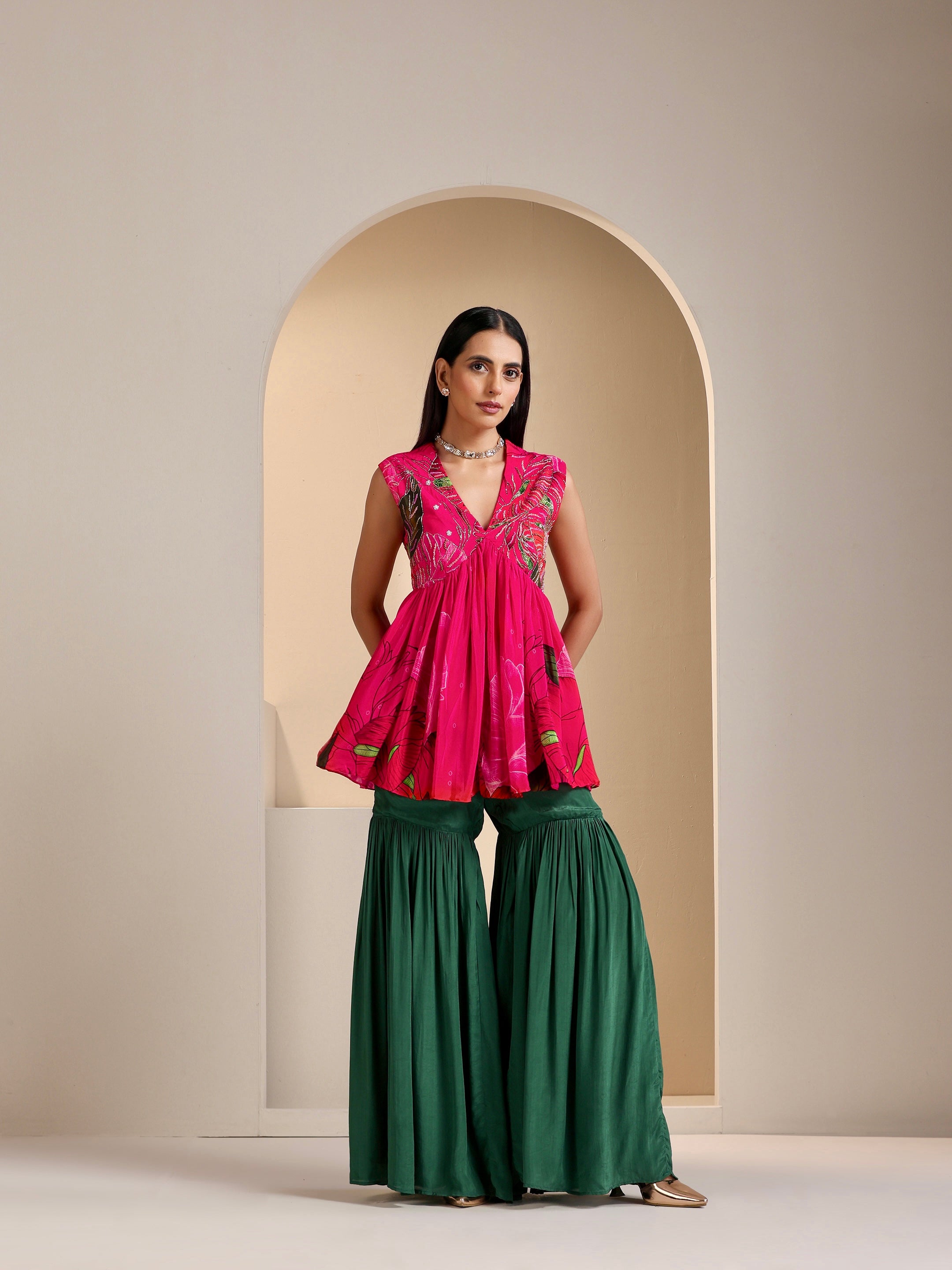 Aanchal Jain | Nargis Embroidered Peplum Top with Sharara Set