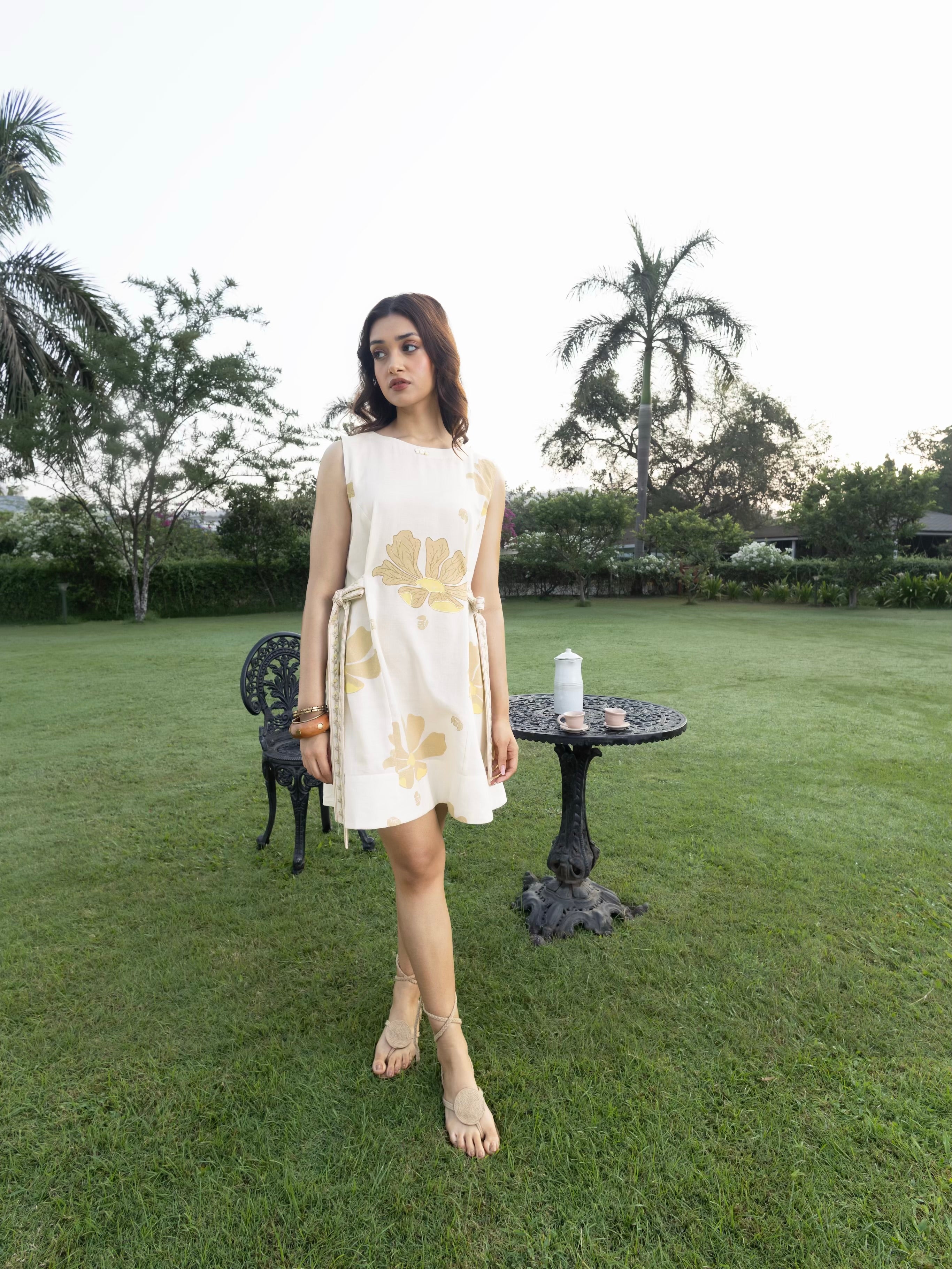 Short Dress with Side Tie-Up & Embroidery