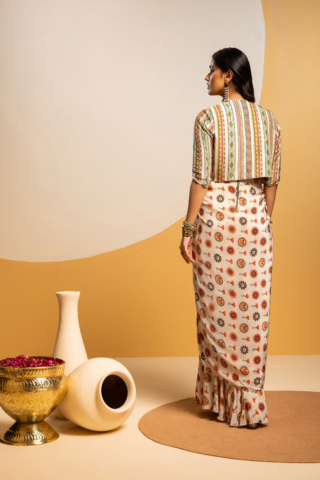 TAARANI OFF WHITE EMBELLISHED LONG DRAPE DRESS SET
