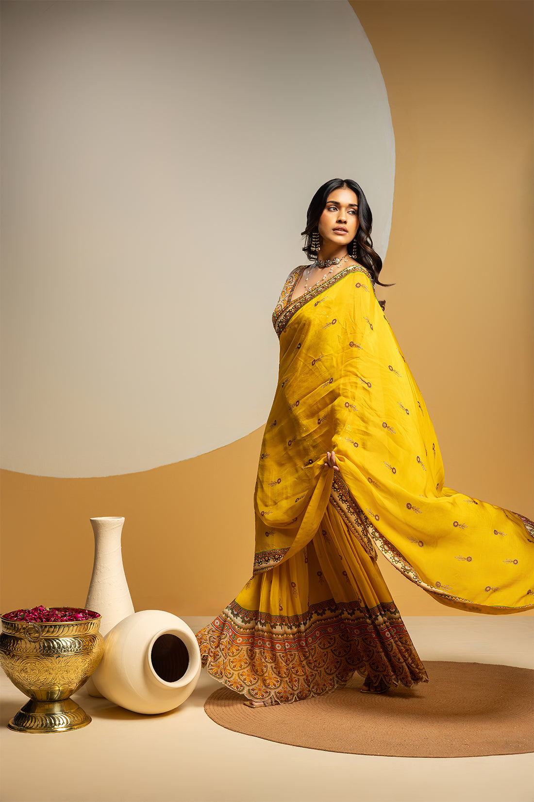 TAARANI YELLOW EMBELLISHED PRE STITCHED SAREE SET