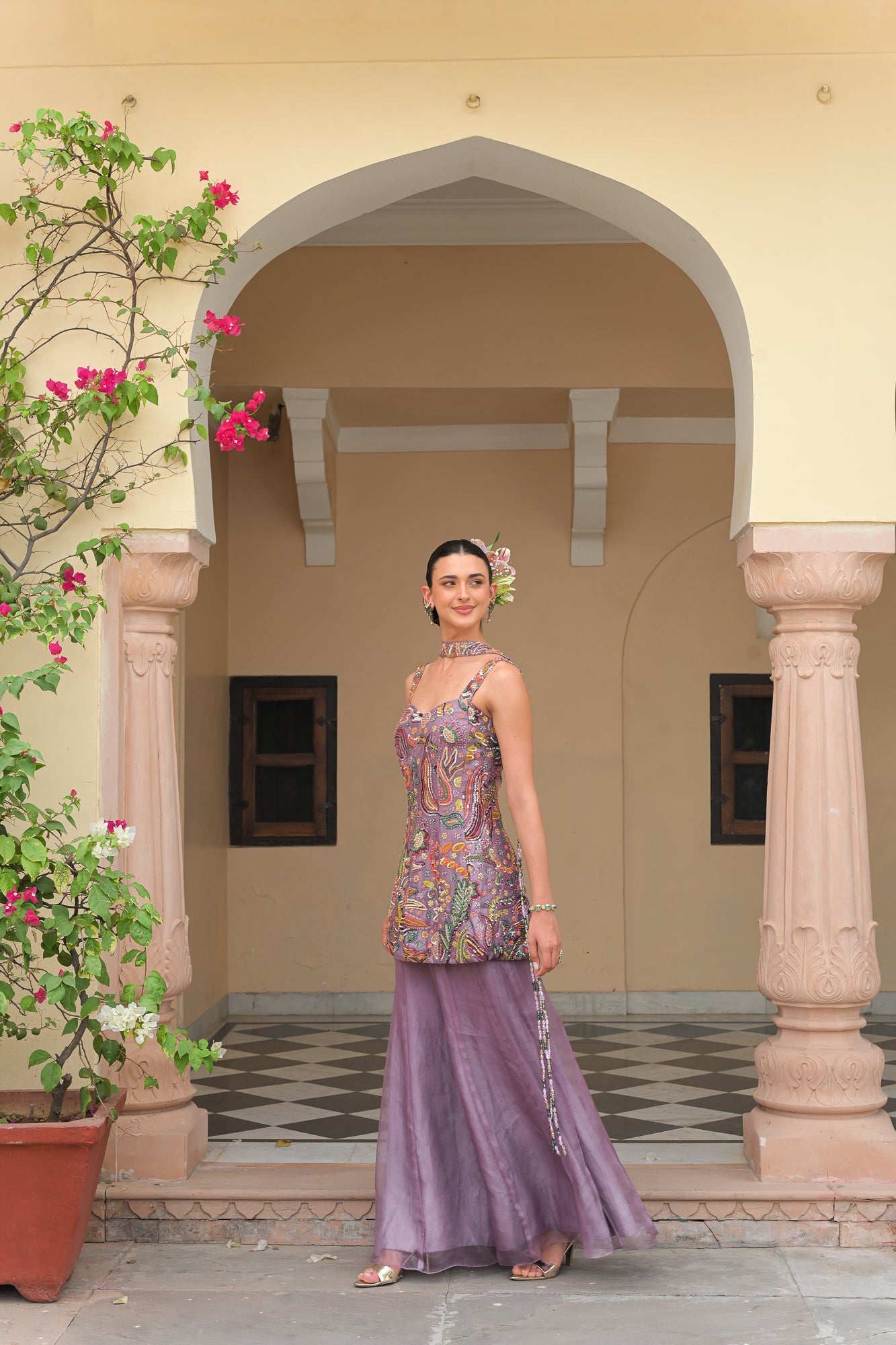 Violet Bloom Embroidered Kurta with Kali Panel Pants & Neck Tassel Dupatta