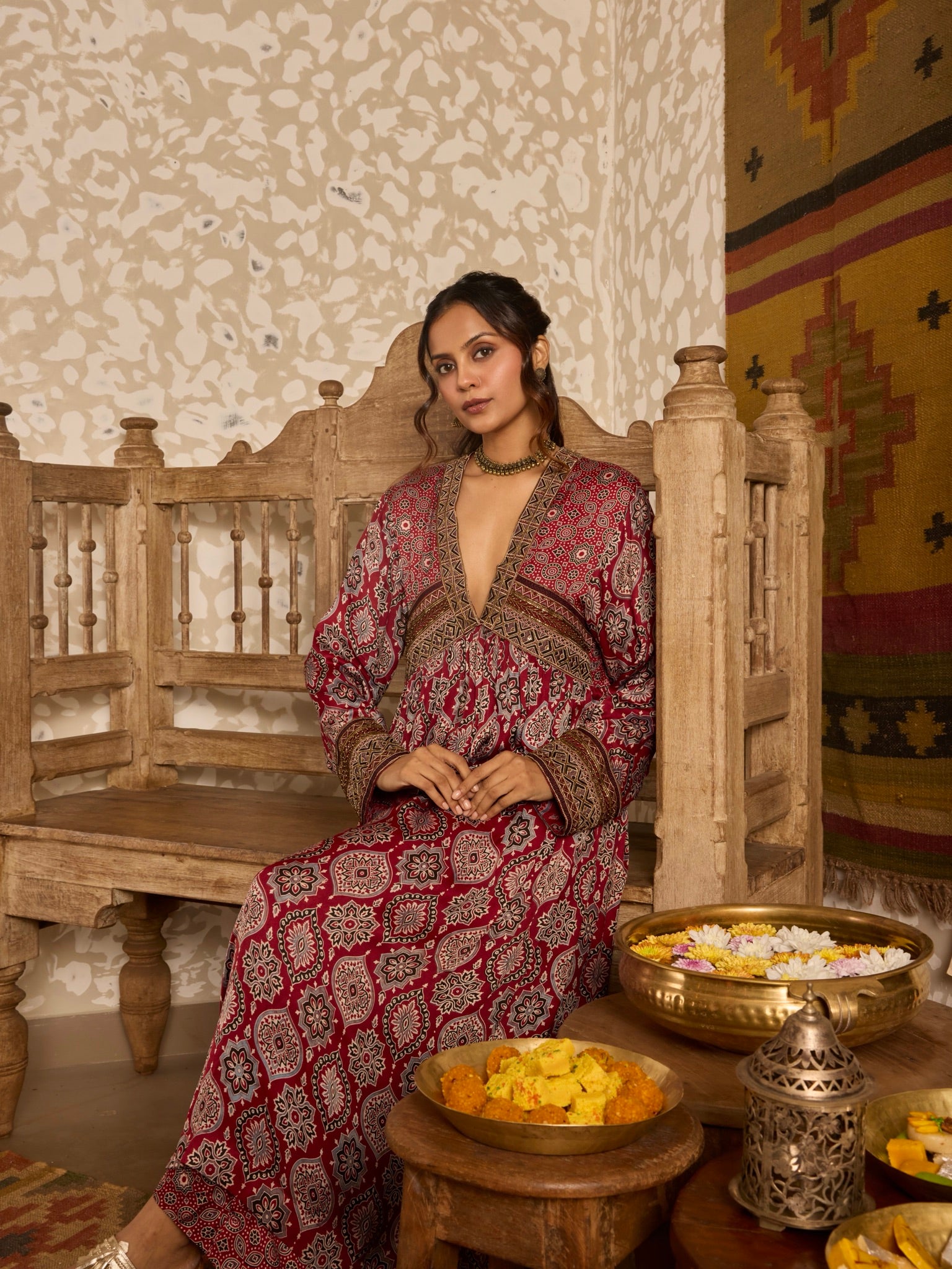 Ajrakh Red V-Neck Kurta Set