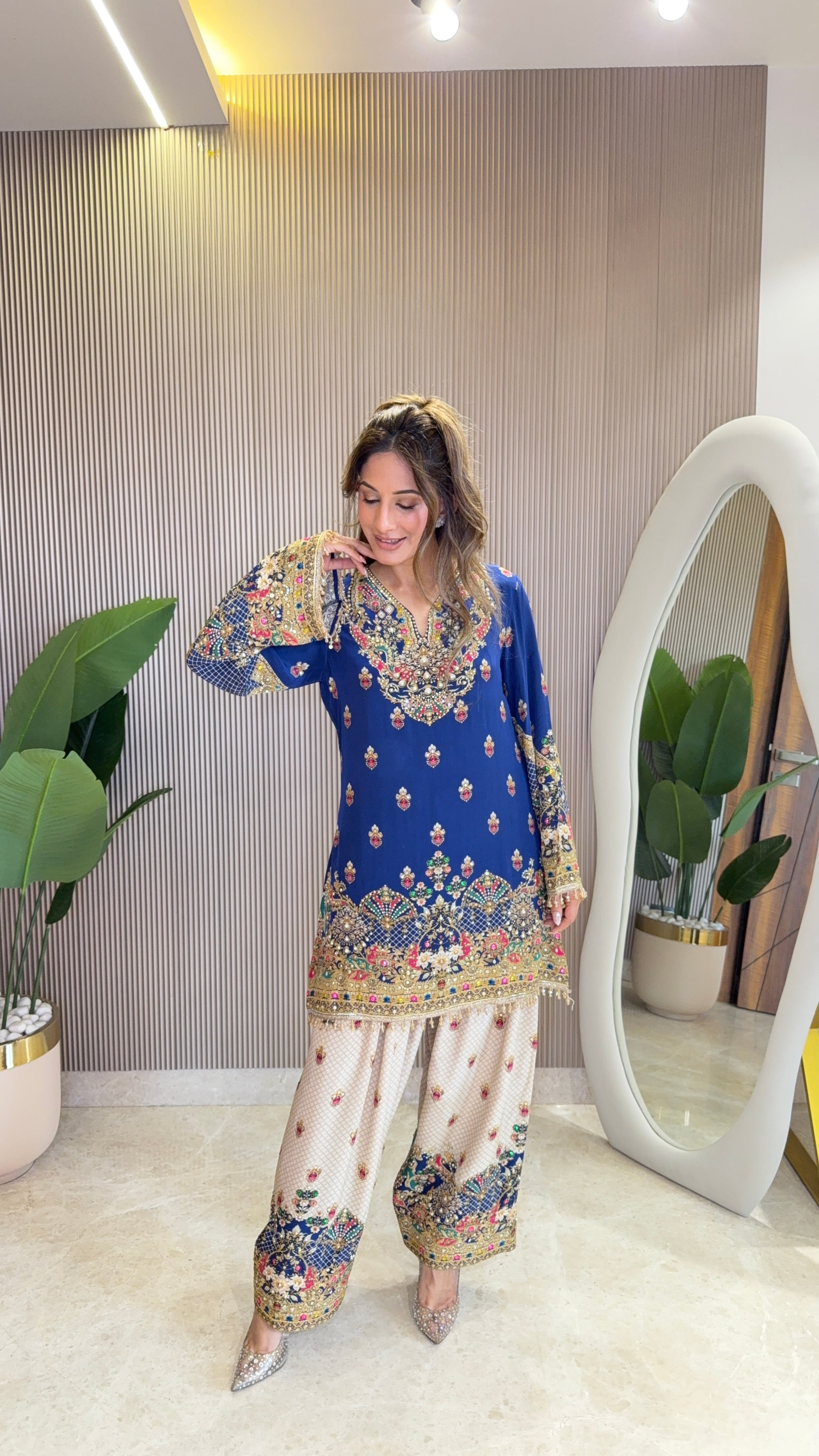 Rah Off White - Blue Kurti with Farshi Salwar & Dupatta