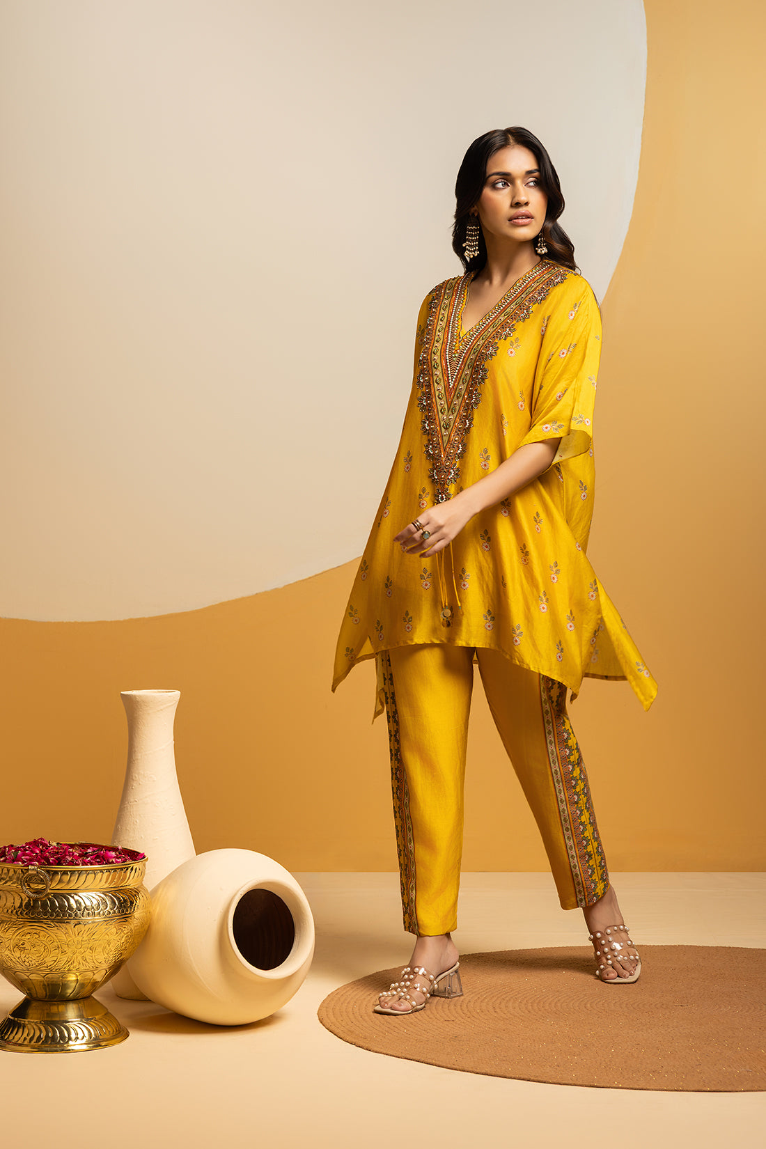 TAARANI YELLOW EMBELLISHED V NECK KURTA SET