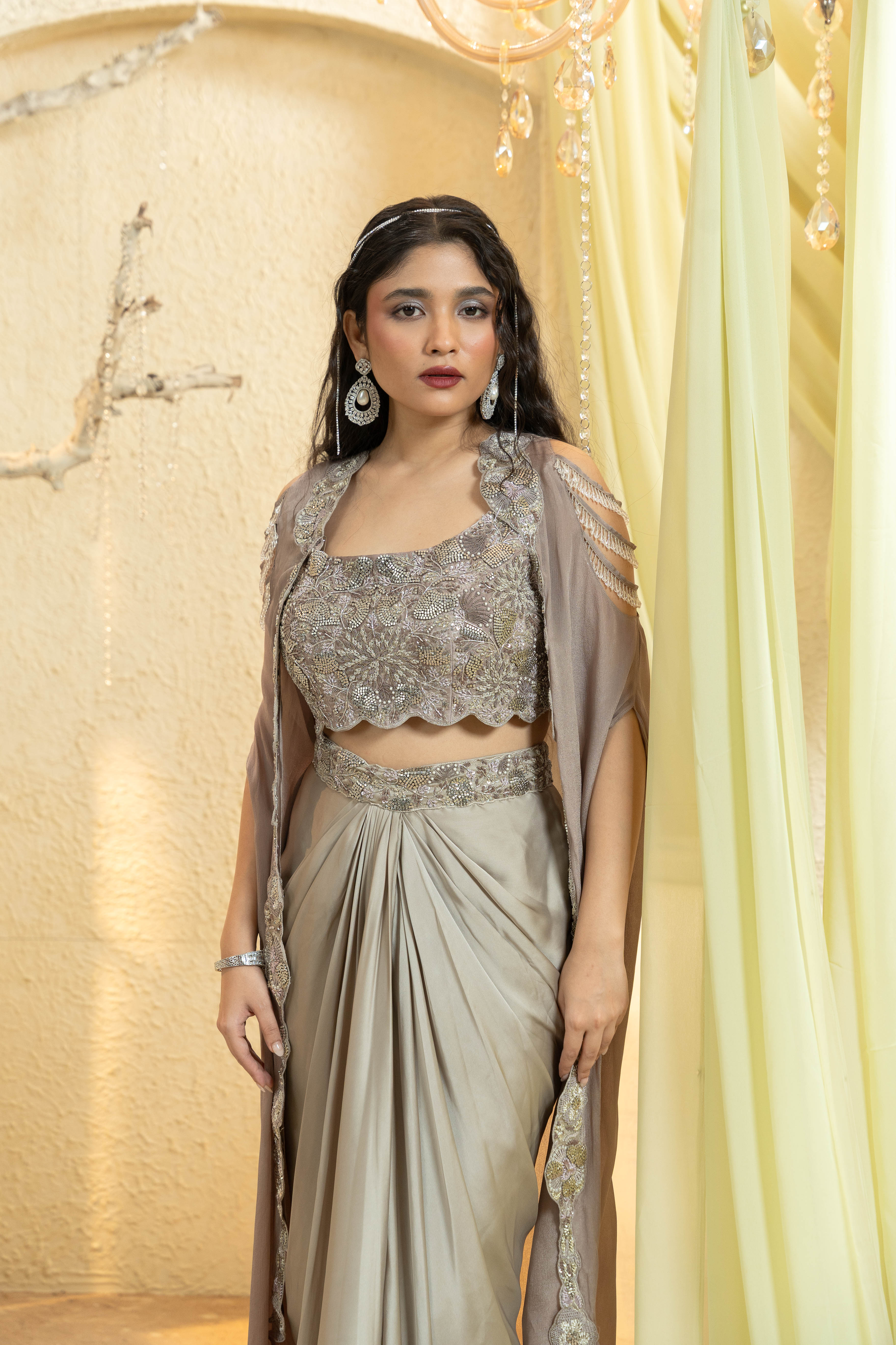 Shamsaad Begum Ivory Embroidered Draped Skirt Set