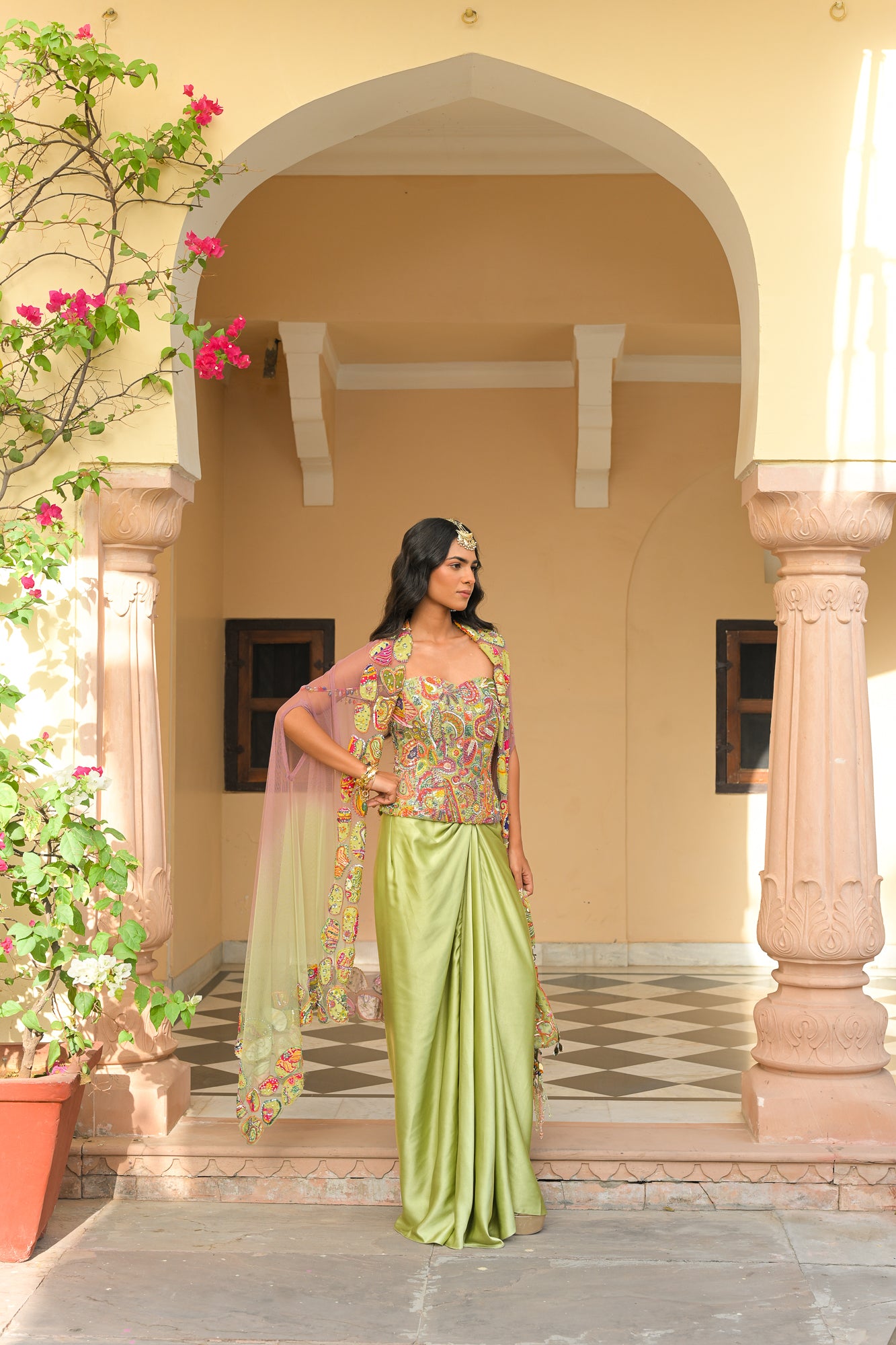 Olive Bloom Embroidered Corset with Throw Milano Skirt & Applique Cape