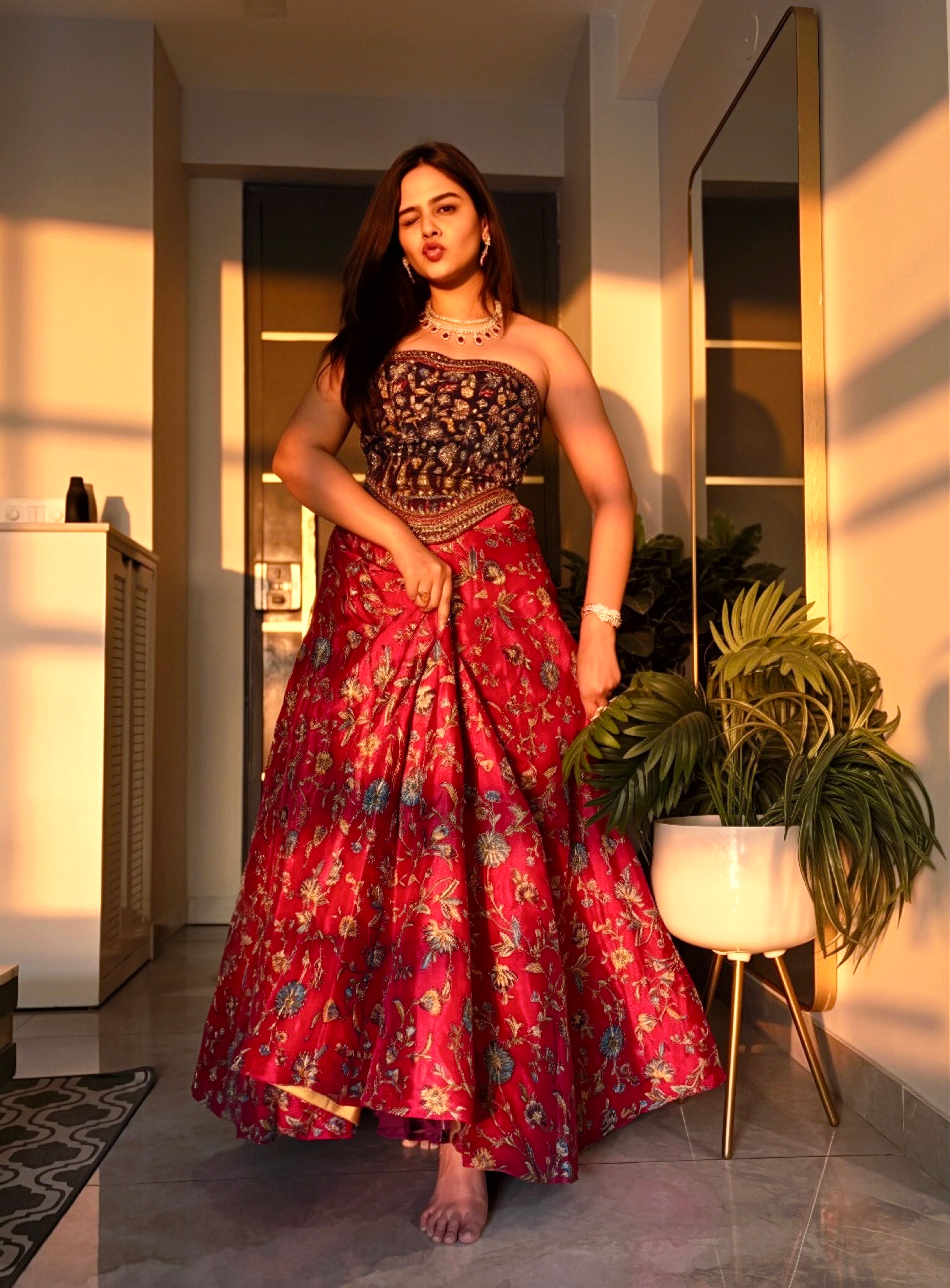 Noorani Ruby-Purple Hand Embroidered Corset Lehenga Set