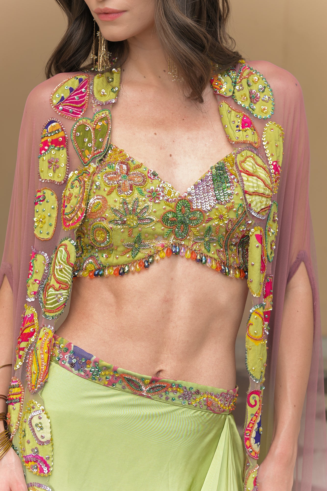 Olive Bloom Bralette with Cowl Skirt and Applique Cape Set