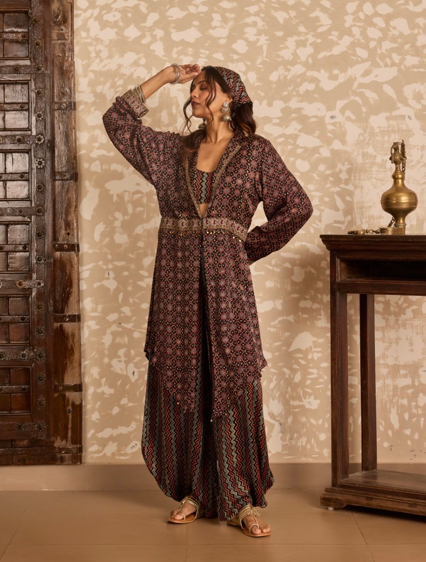 Ajrakh Long Jacket with Bralette & Drape Pants Set