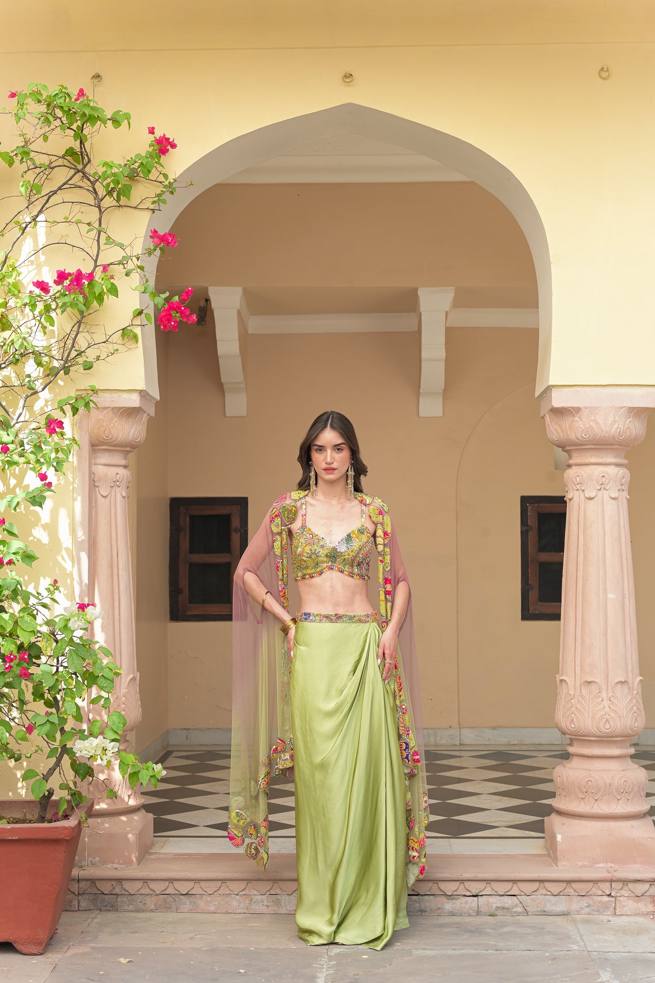 Olive Bloom Bralette with Cowl Skirt and Applique Cape Set