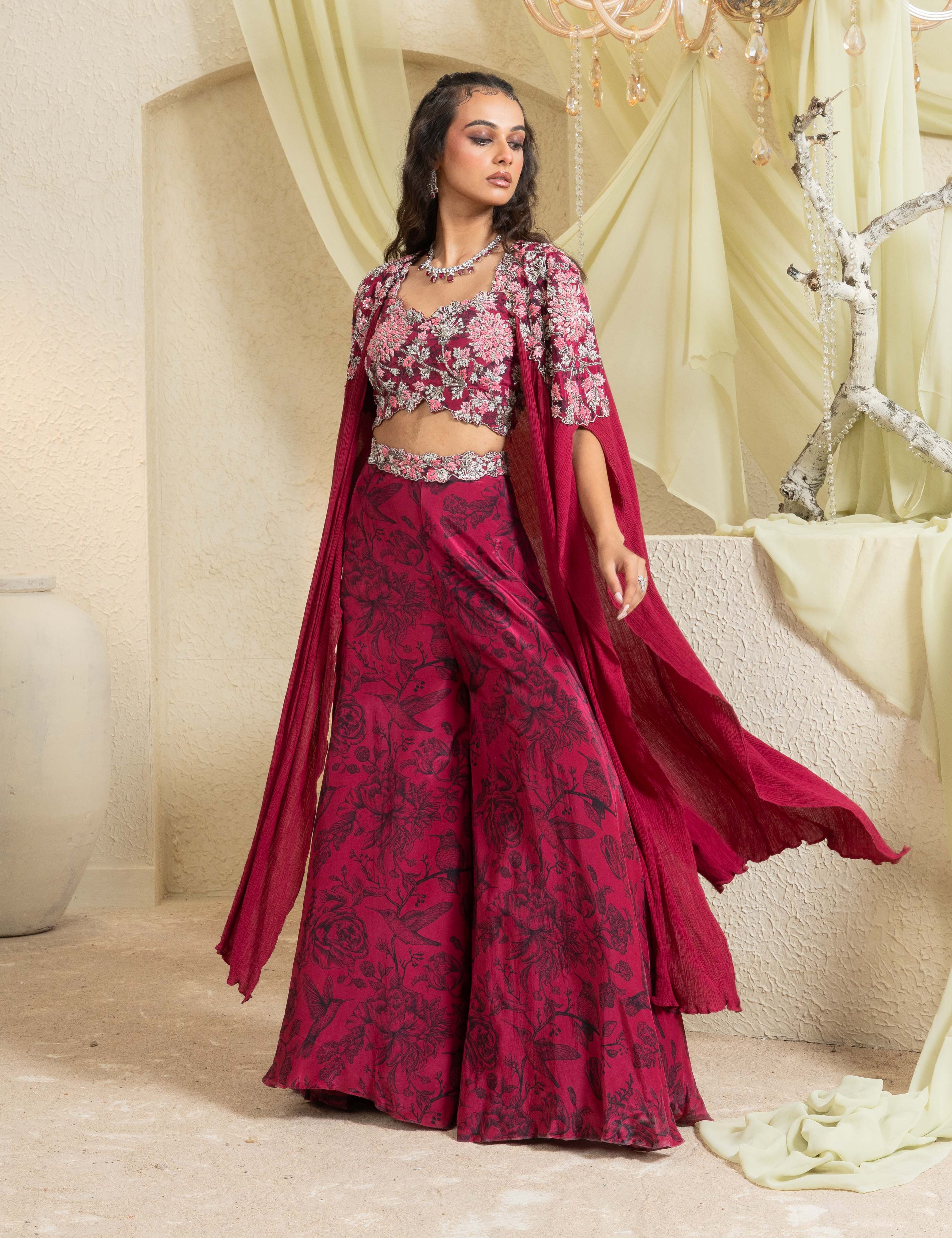 Shadow Rose Hand-Embroidered Wide Legged Pant with Cape