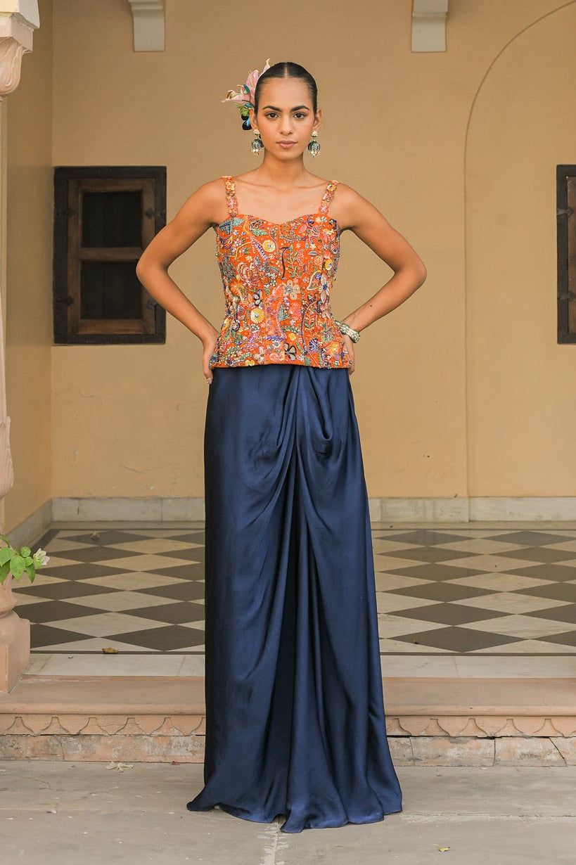 Amber Bloom Highlight Corset Paired with Navy Blue Cowl Skirt Set