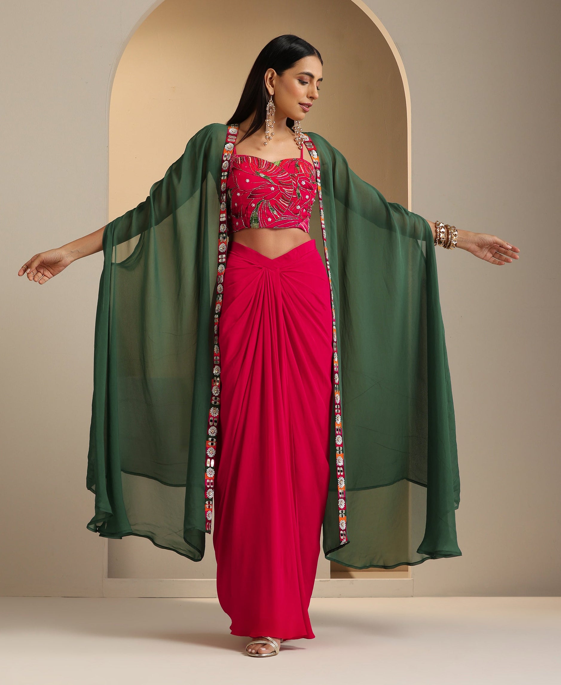 Nur Crepe Hand Embroidered Dhoti Skirt Set