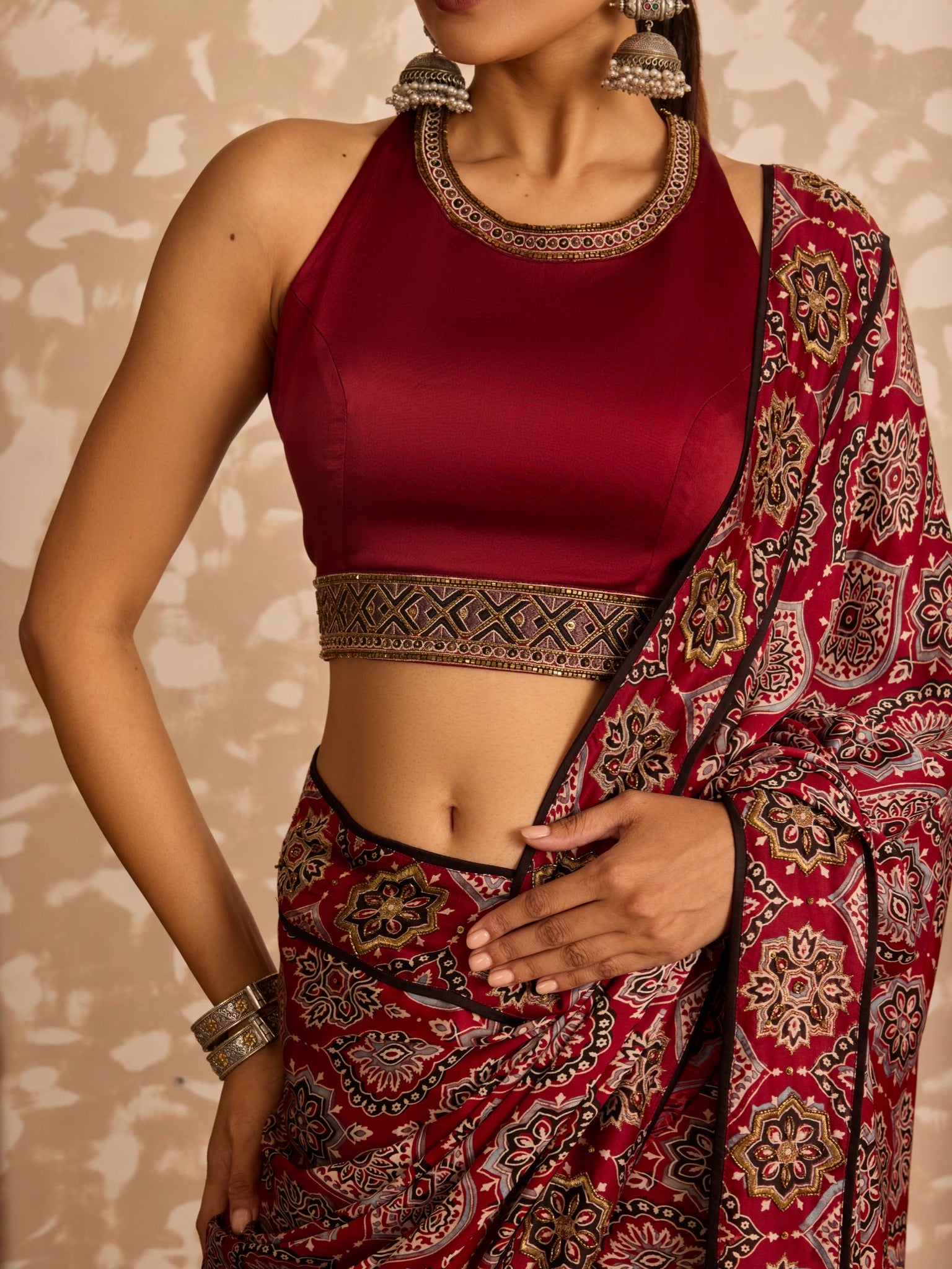 Ajrakh Halter neck blouse with saree