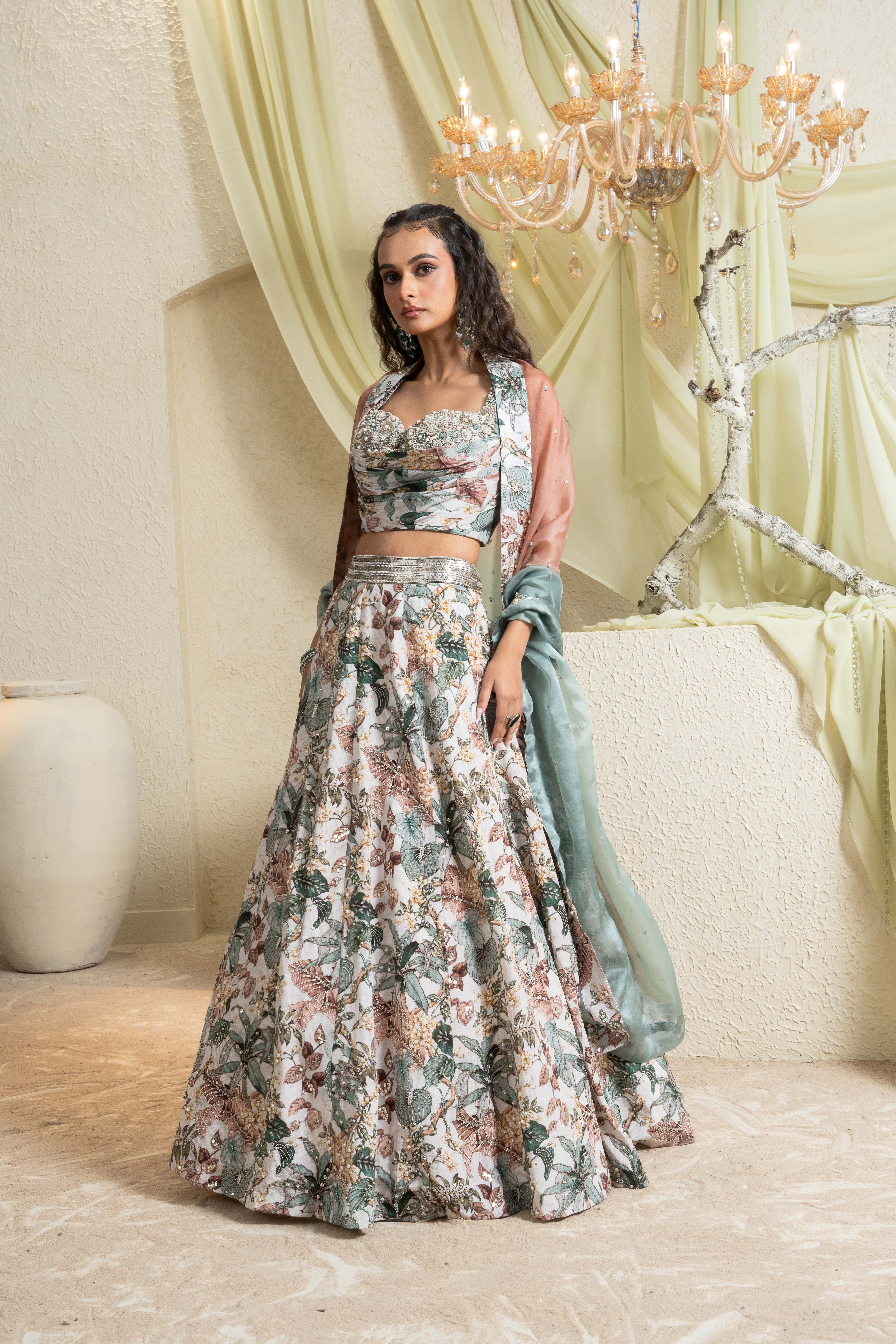 Muted Garden Intricate Hand Embroidered Lehenga Set