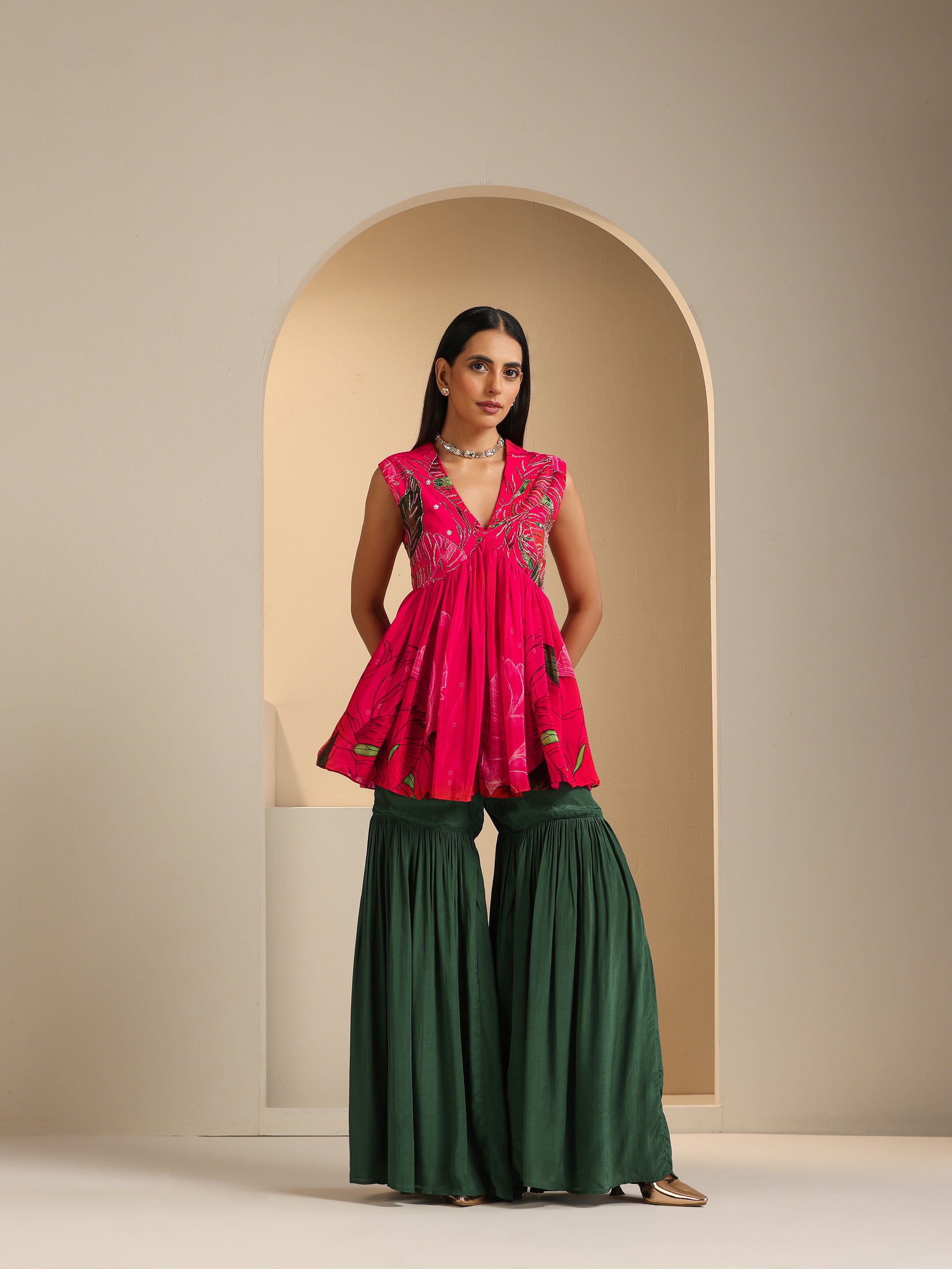Nargis Embroidered Peplum Top with Sharara Set