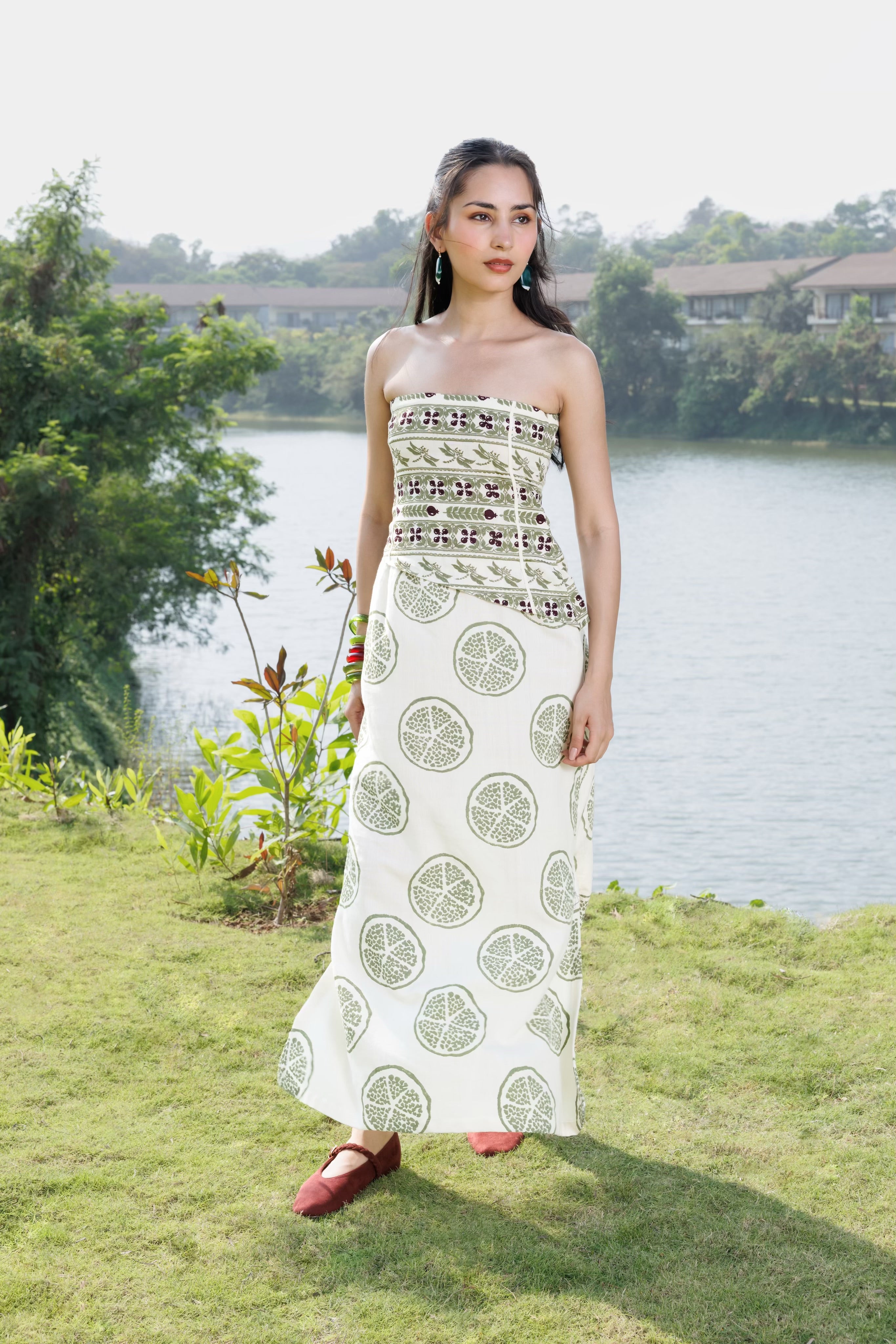 Embroidered Tube Maxi Dress with Ruched Back