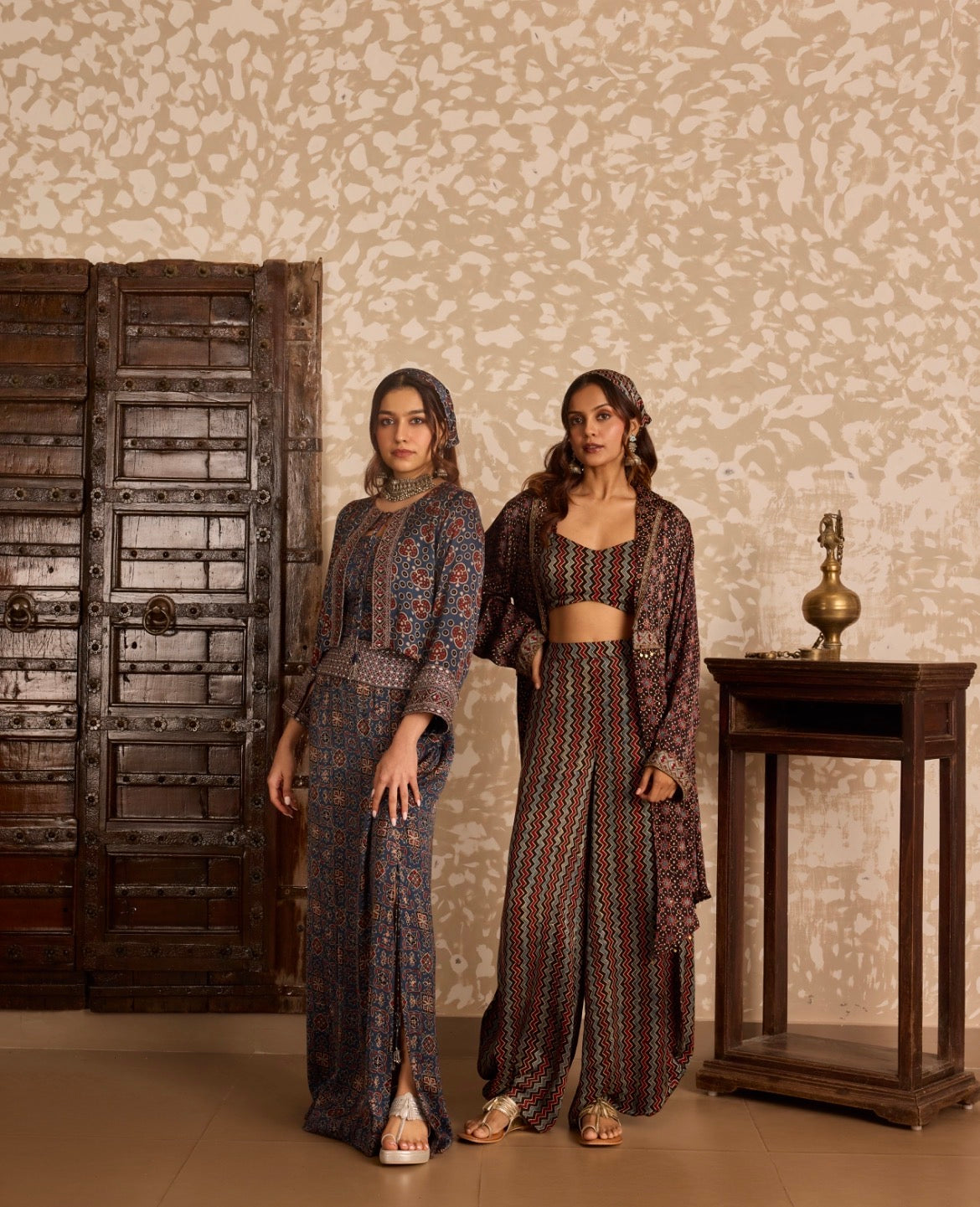 Ajrakh Long Jacket with Bralette & Drape Pants Set