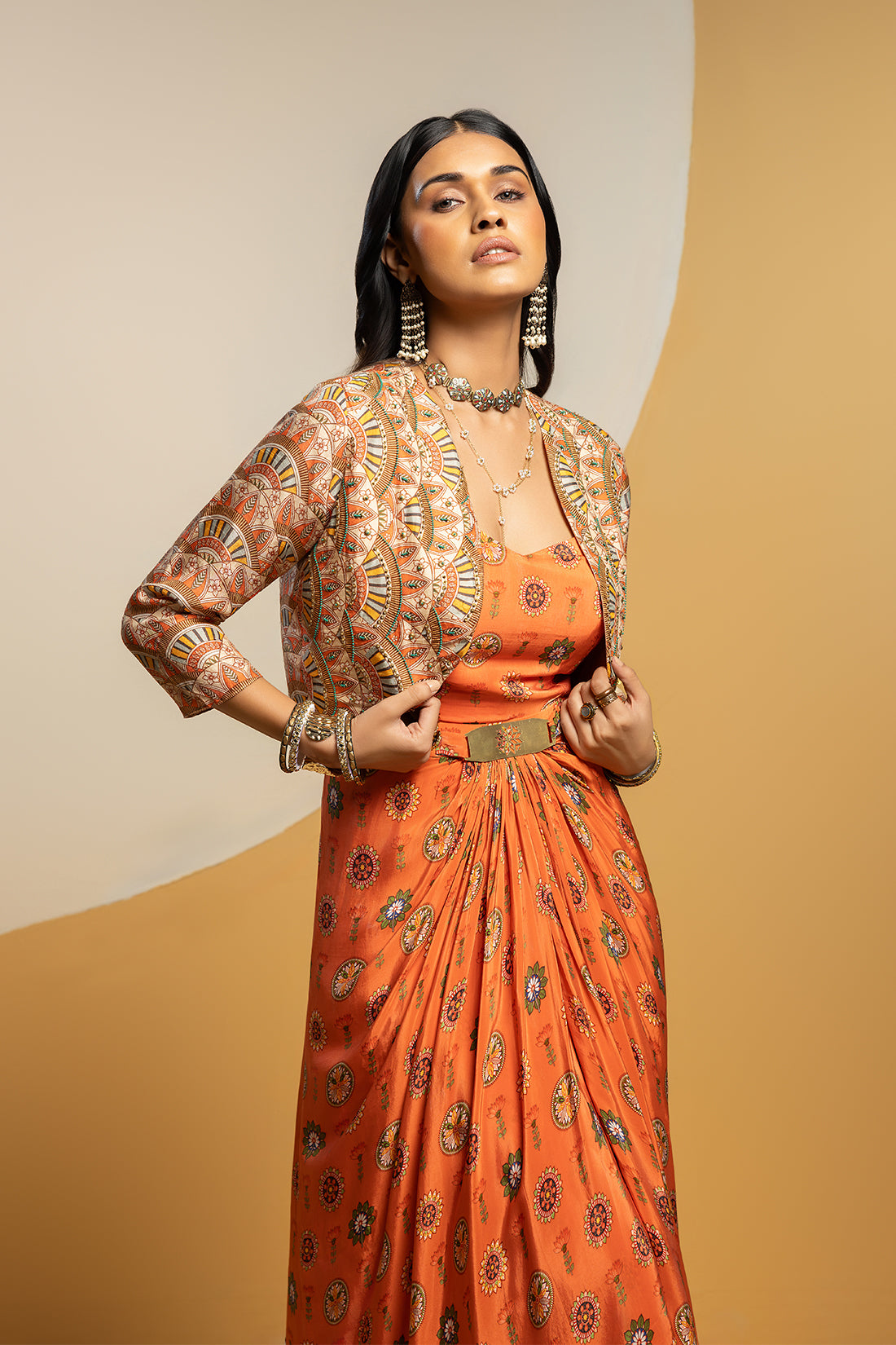 TAARANI RUST EMBELLISHED LONG DRAPE DRESS SET