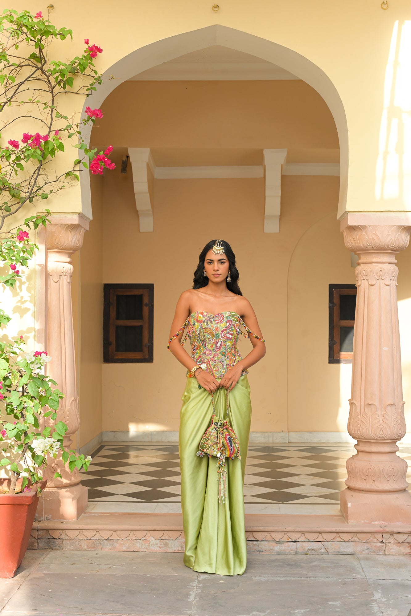 Olive Bloom Embroidered Corset with Throw Milano Skirt