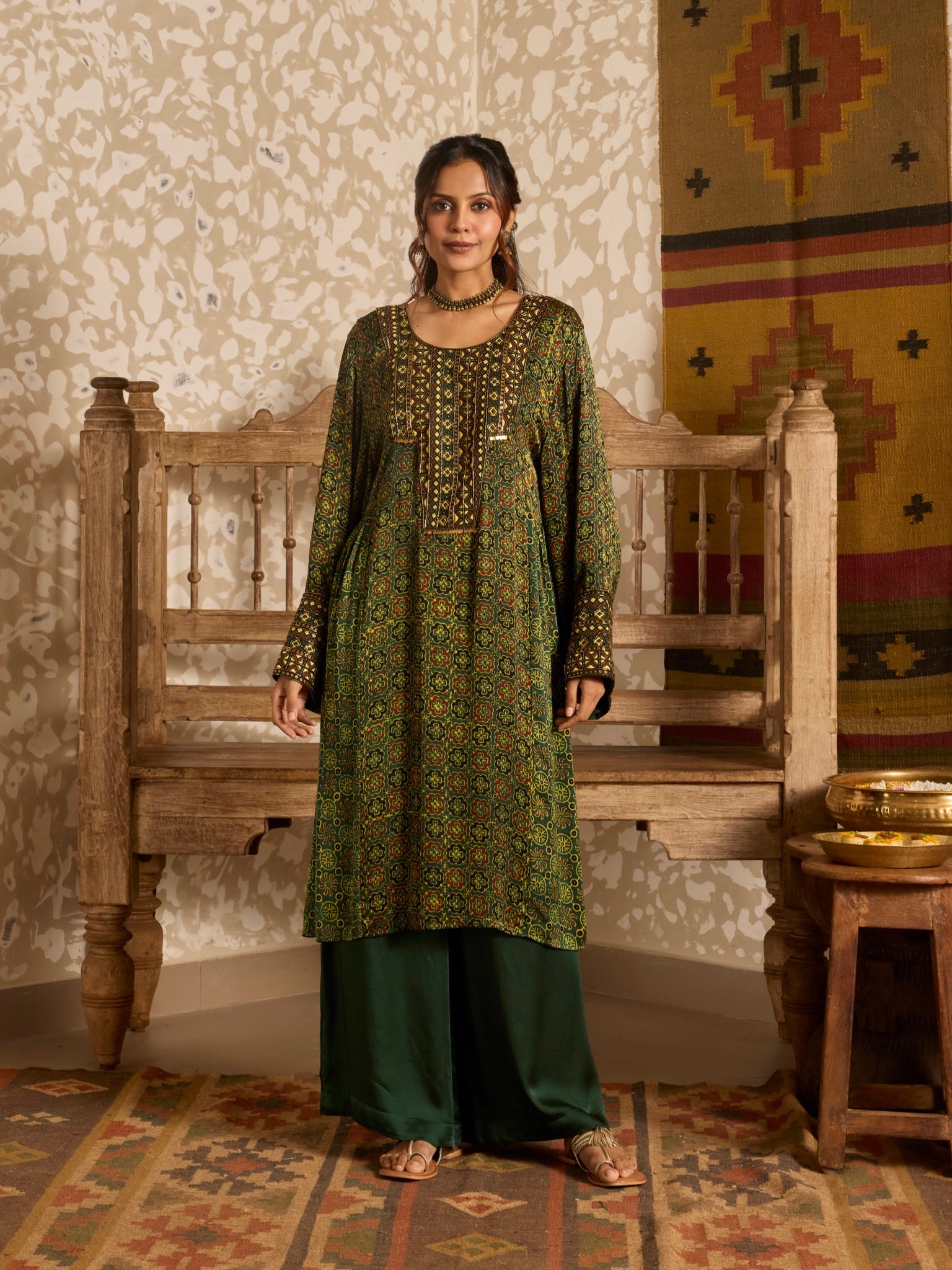 Ajrakh Long Kurta Wide Leg Pants Set