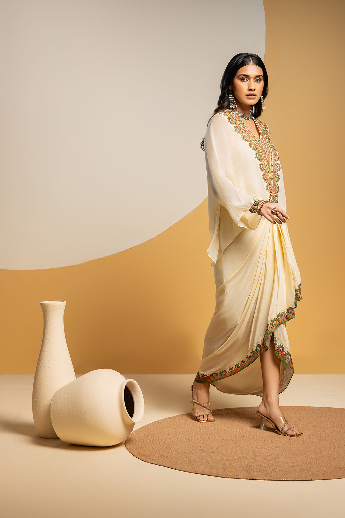 TAARANI OFF WHITE EMBELLISHED V NECK DRAPE SKIRT SET