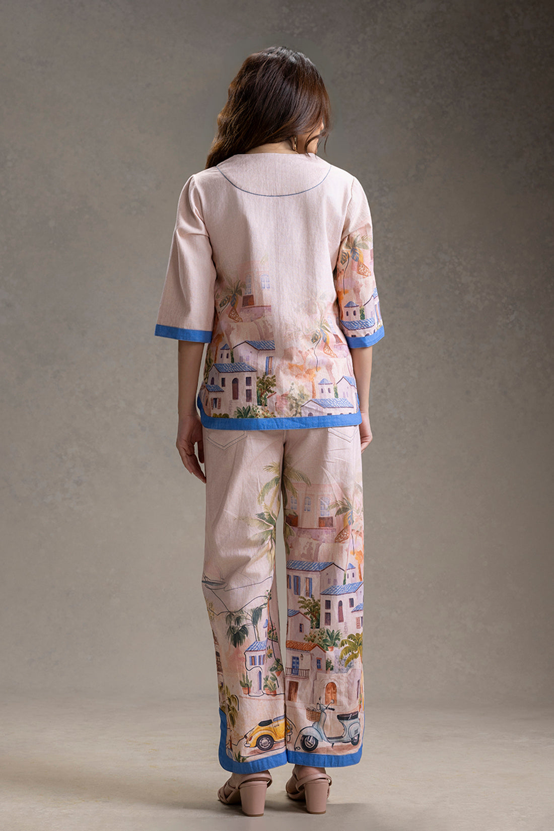 REVIERA PINK PRINTED NECK-DETAIL TOP AND PANTS