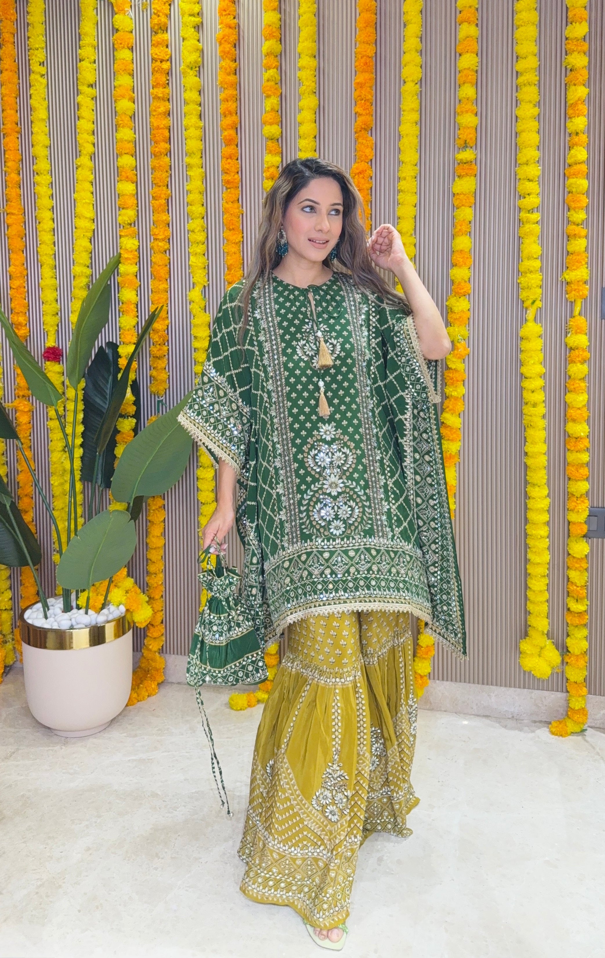 Son Chidhaiya Green-Mustard Kaftan Set