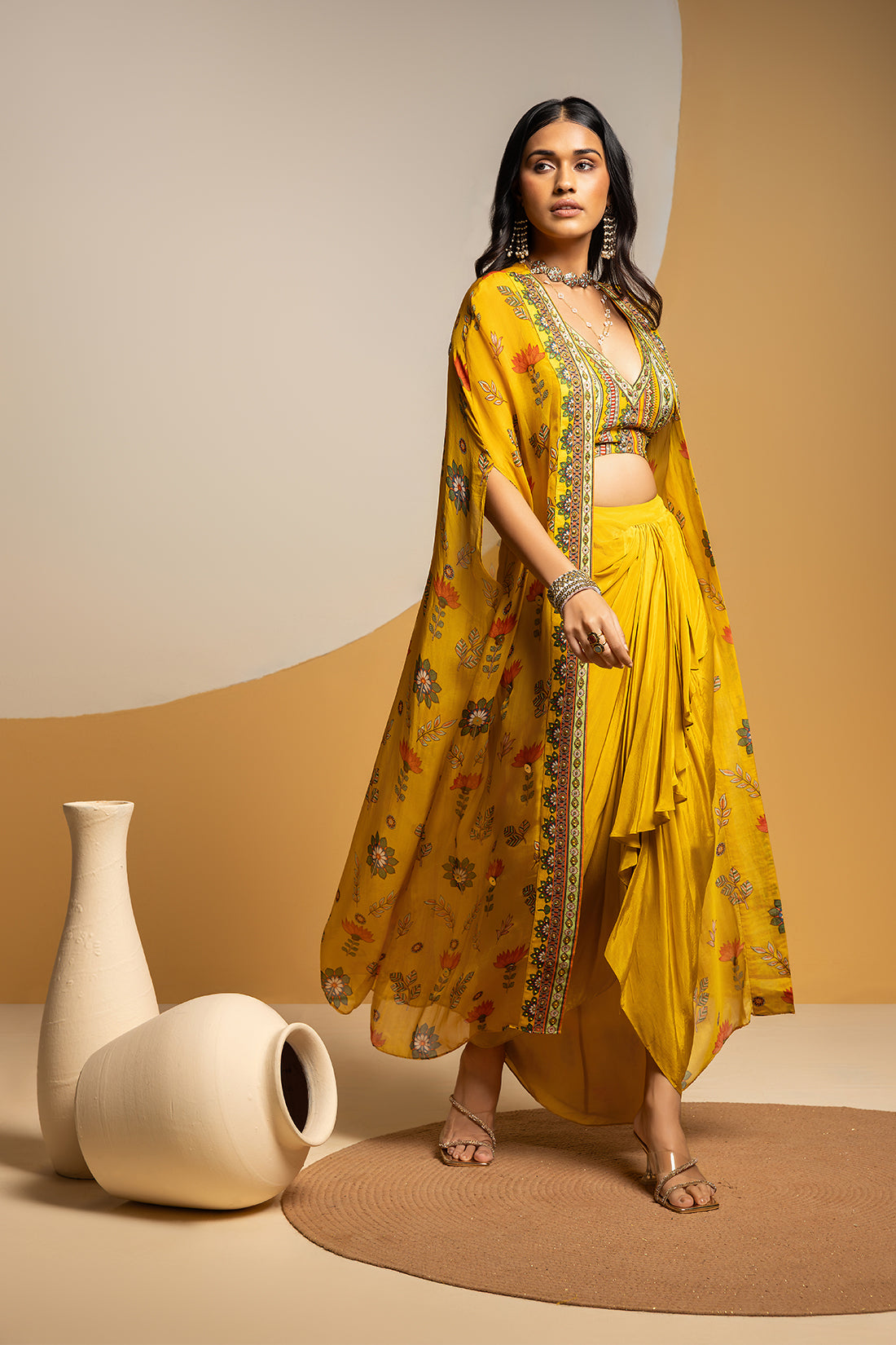 TAARANI YELLOW EMBELLISHED DRAPE SKIRT SET