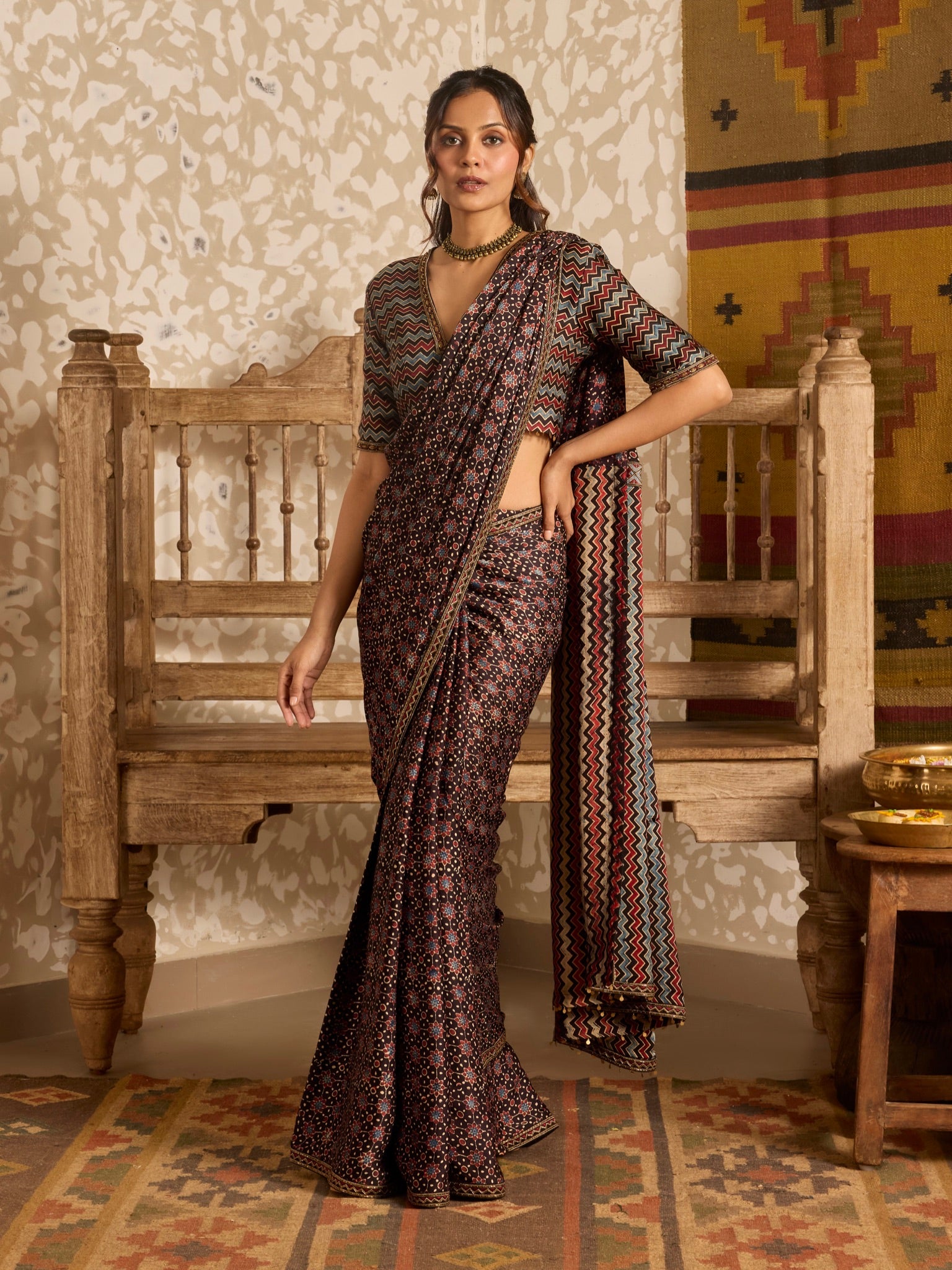 Ajrakh Deep neck Blouse with Saree