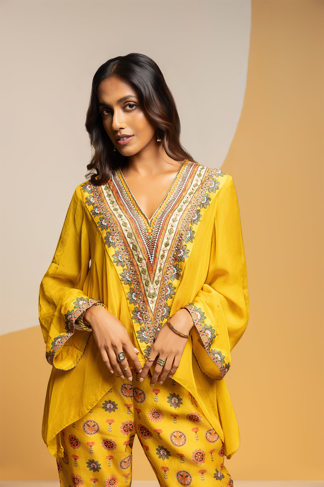 TAARANI YELLOW EMBELLISHED V NECK CO-ORD SET