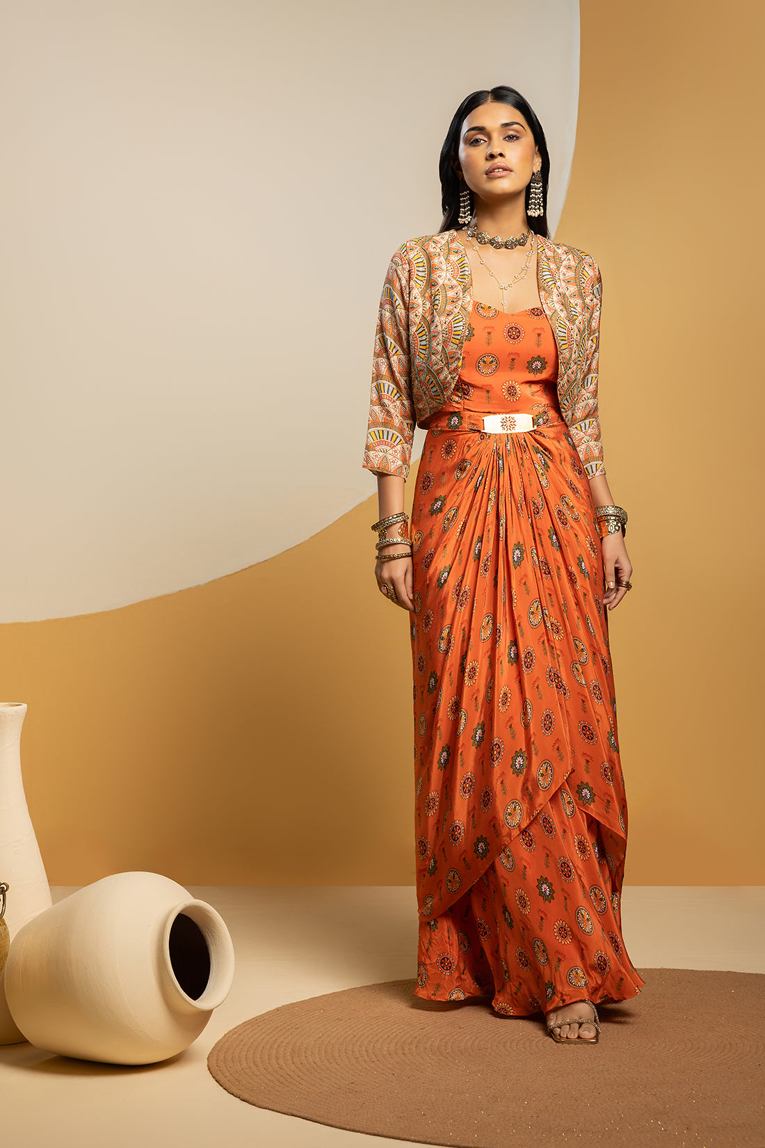 TAARANI RUST EMBELLISHED LONG DRAPE DRESS SET
