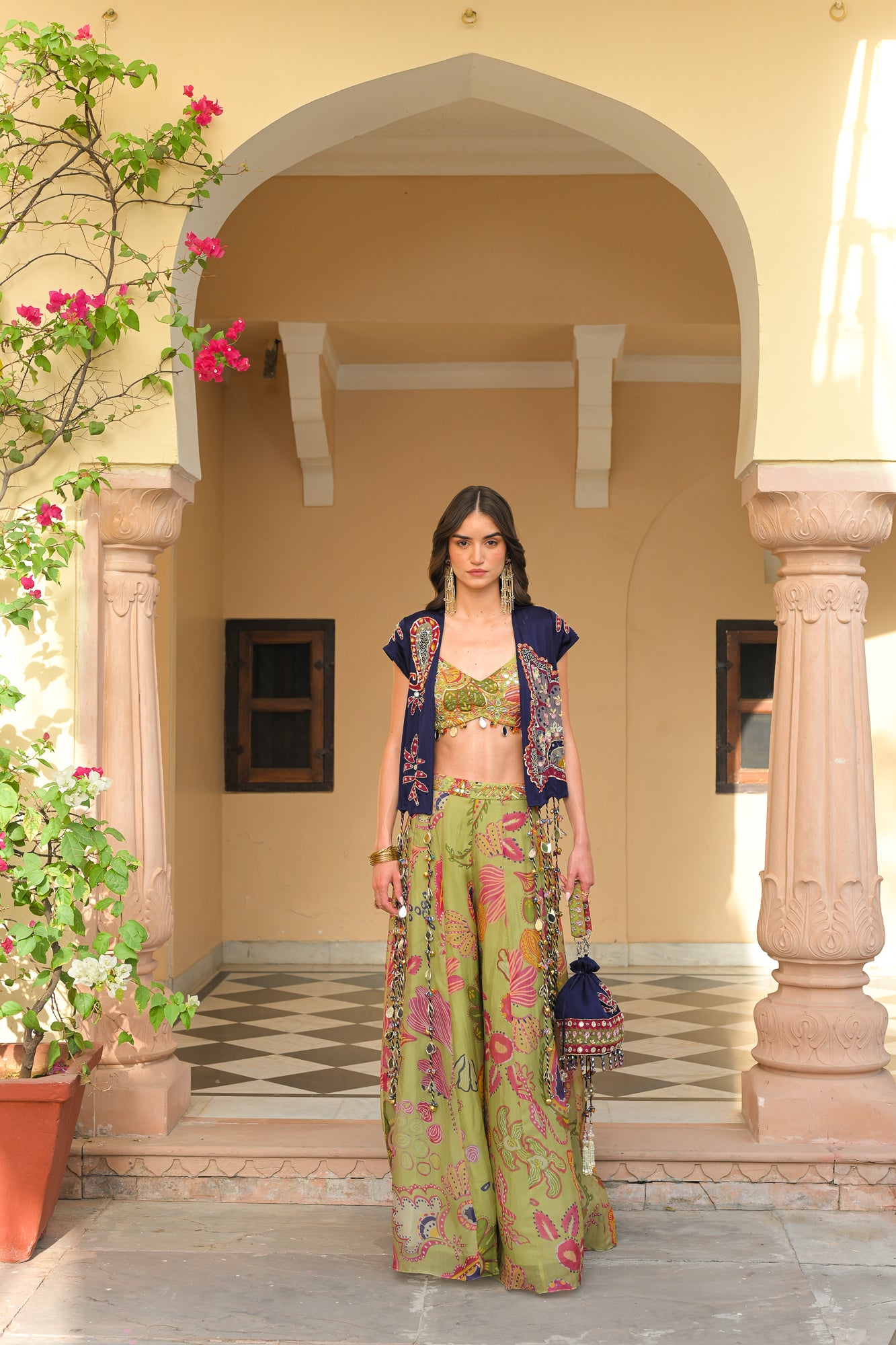 Olive Bloom Pant Bralette Tassel Jacket Set