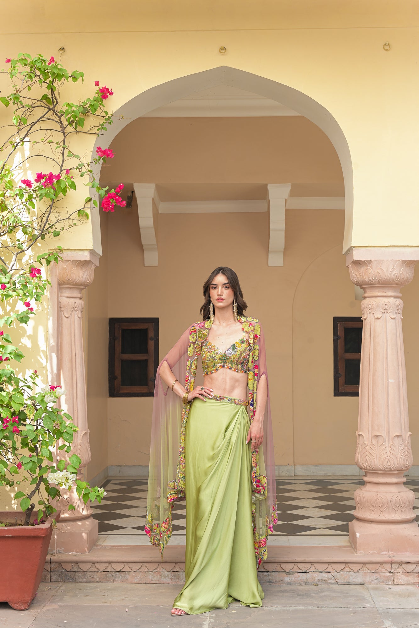 Olive Bloom Bralette with Cowl Skirt and Applique Cape Set