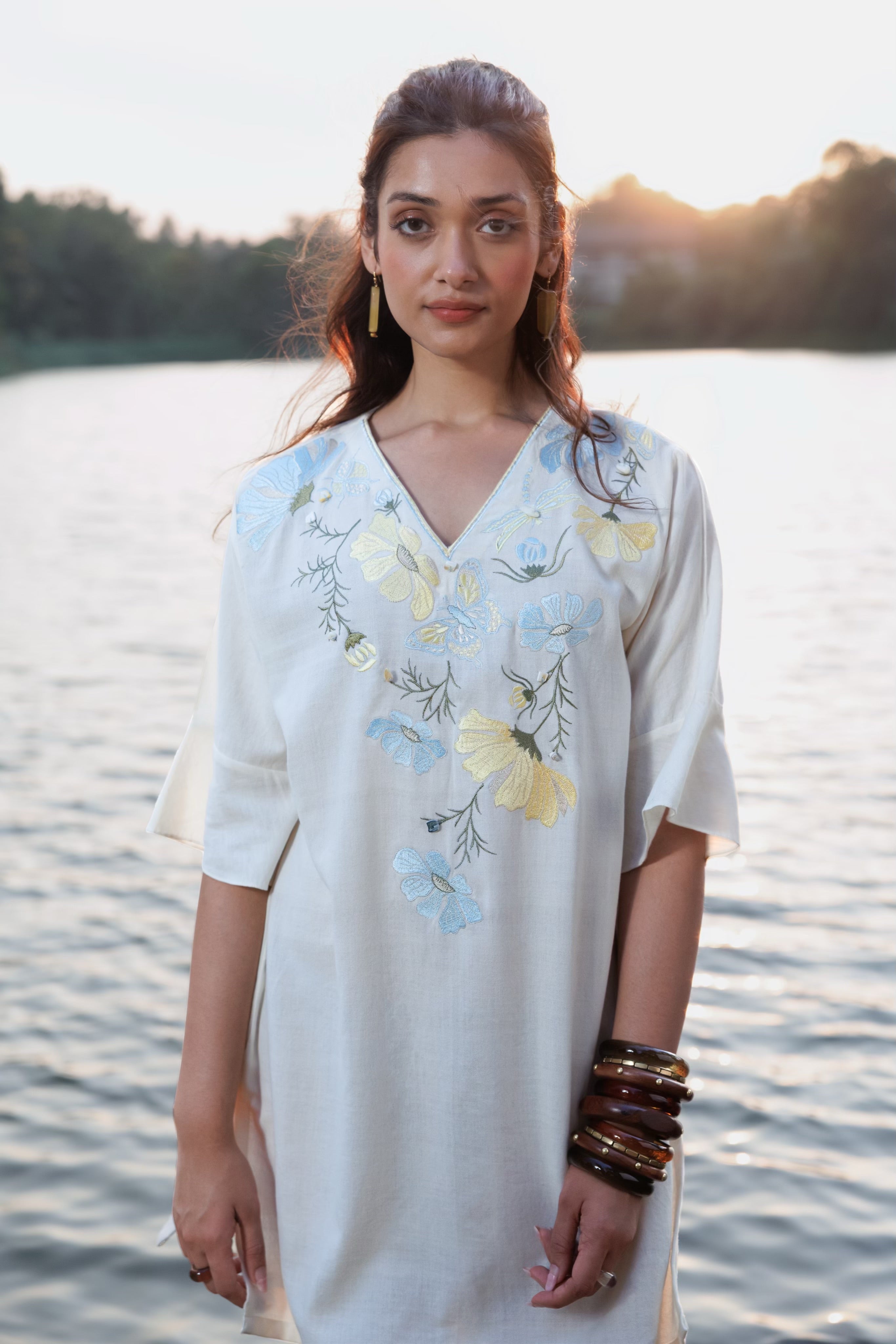 Floral Embroidered Short Kaftan Dress