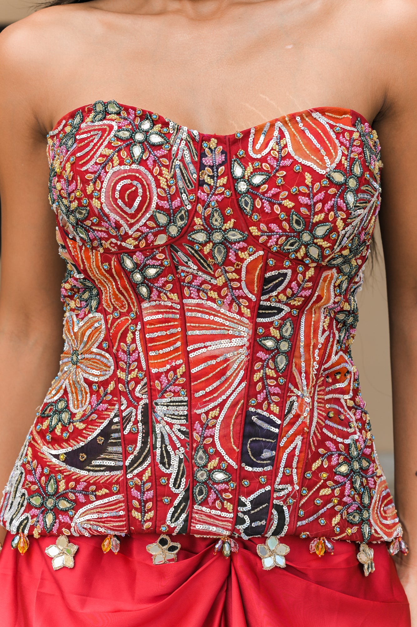 Scarlet Bloom Embroidered Corset with Throw Milano Skirt
