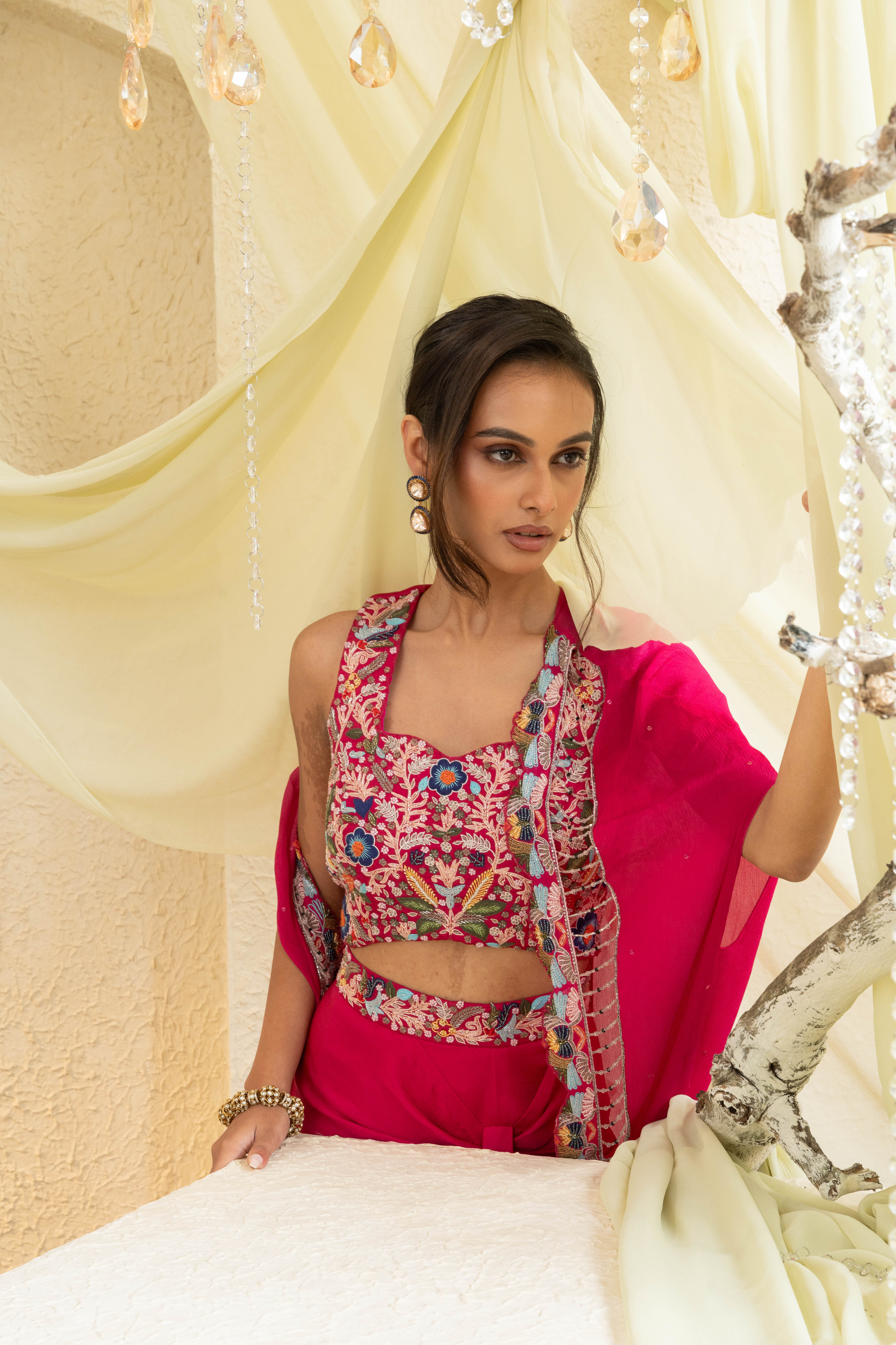 Fuchsia Bloom Embroidered Draped Skirt Set